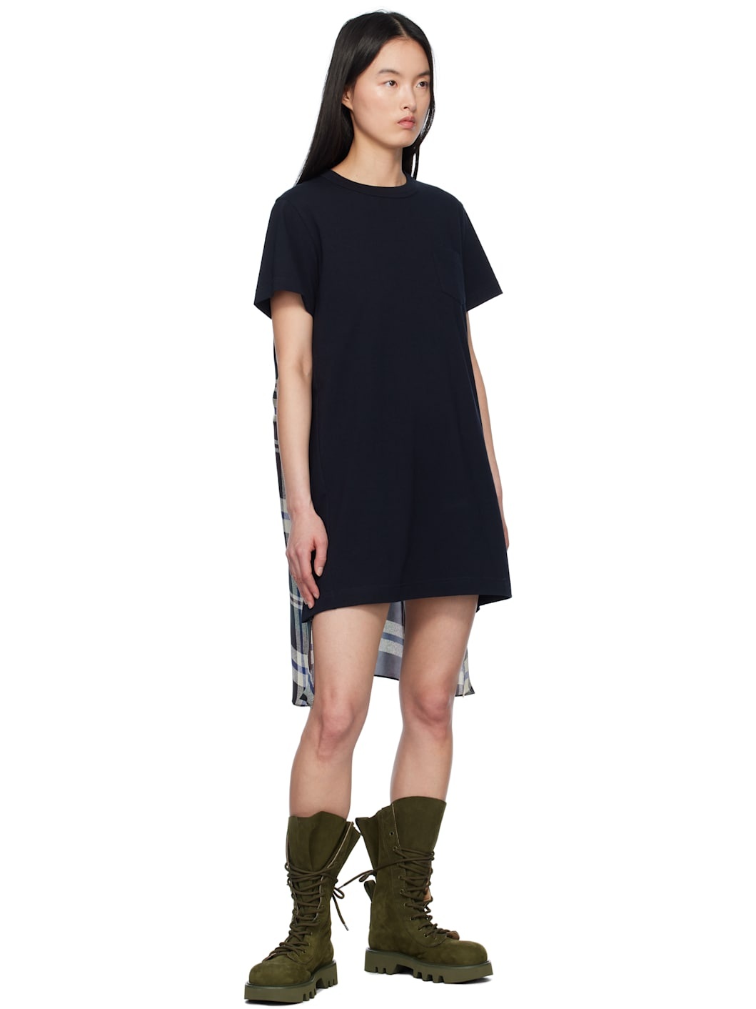 Black & Green Plaid Print Cotton Jersey Minidress - 4