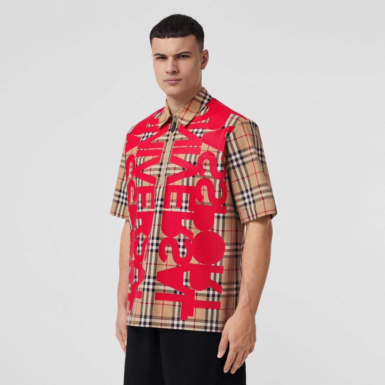 Short-sleeve Slogan Print Check Cotton Shirt - 5