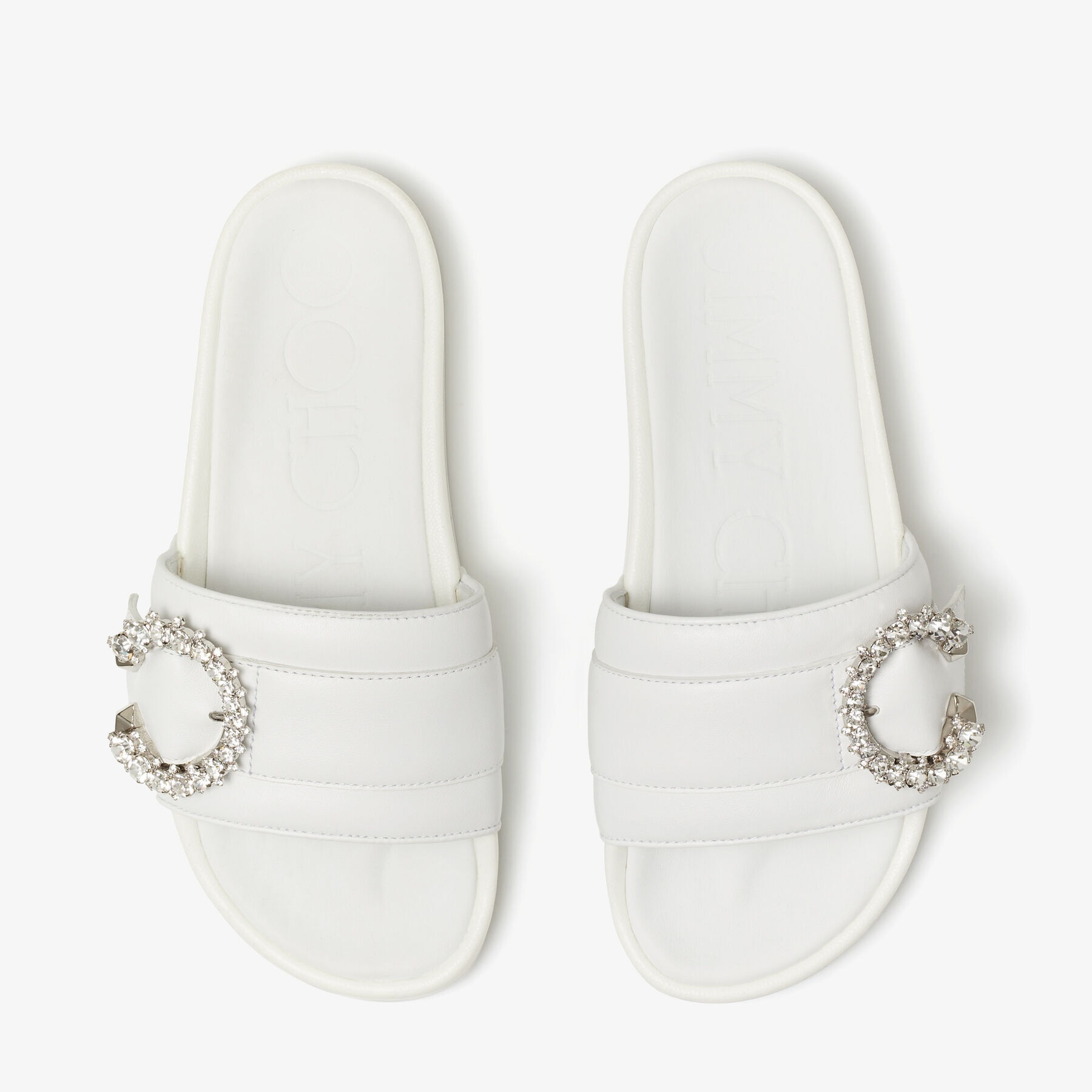 JIMMY CHOO Fallon White Nappa Leather Slides with Crystal Buckle