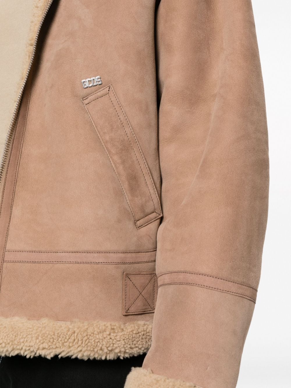 shearling zip-up biker jacket - 6