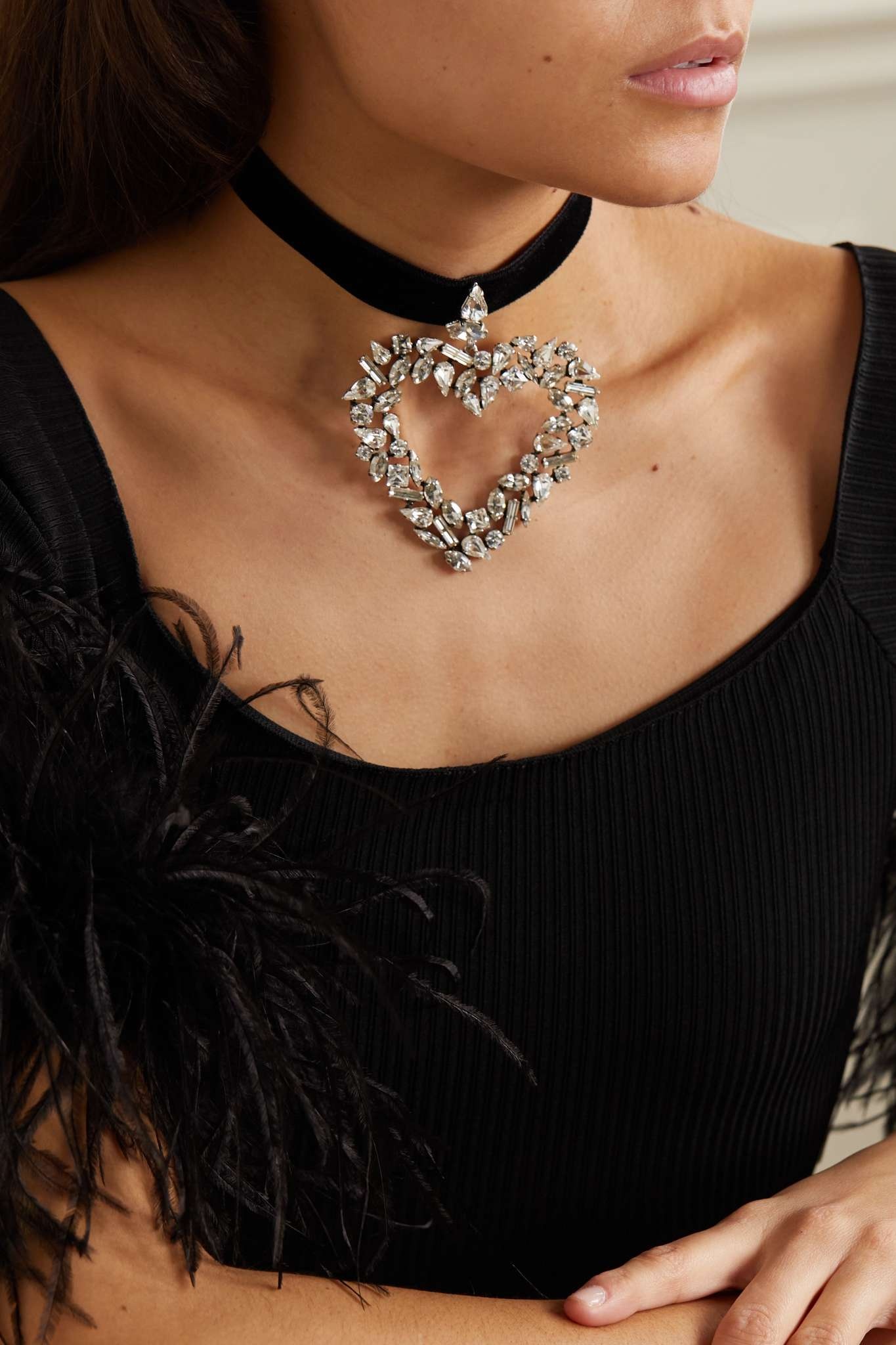 Oversized velvet, silver-tone and crystal choker - 2