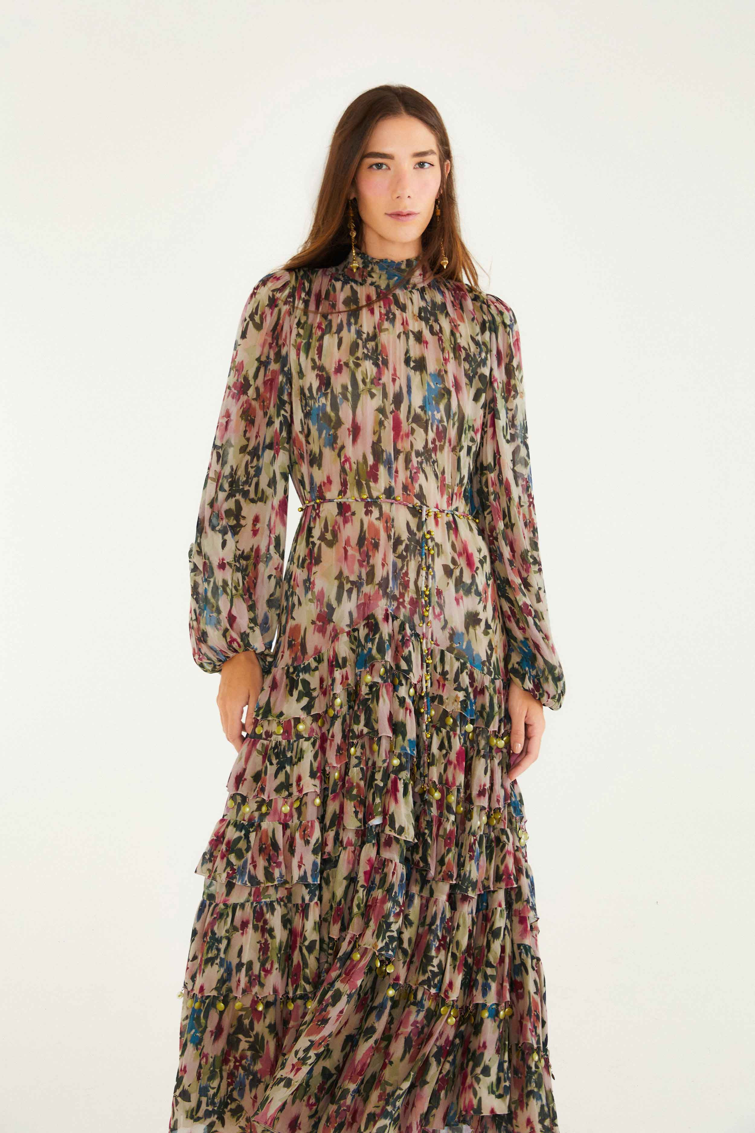 Pink Blurred Tiny Flowers Long Sleeve Maxi Dress - 6