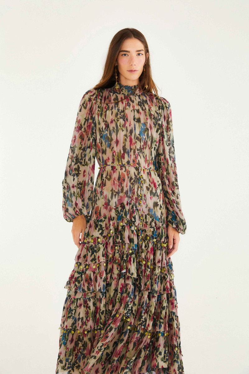 Pink Blurred Tiny Flowers Long Sleeve Maxi Dress 6