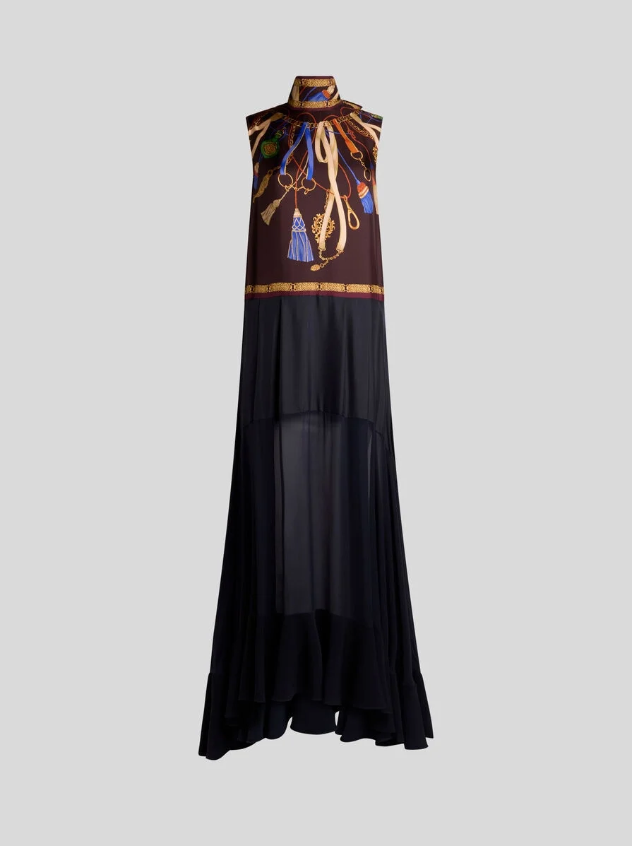 LONG SILK DRESS WITH SEE-THROUGH SKIRT AND PLACED PRINT - 1
