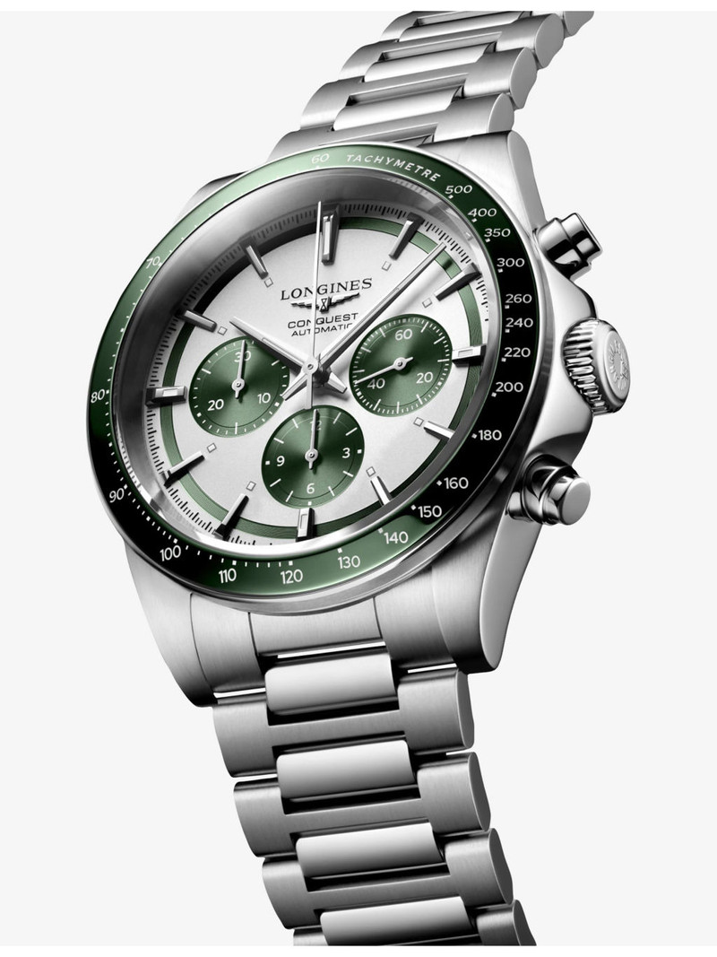 Longines L3.835.4.02.6 Conquest Chronograph Ceramic Bezel Matt Green Stainless-Steel Automatic Watch outlook