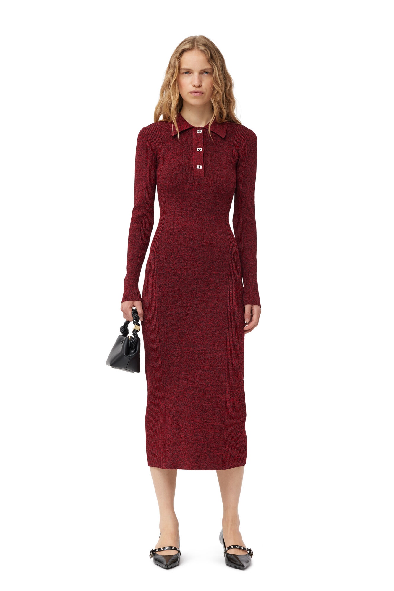 RED MELANGE RIB POLO DRESS - 2