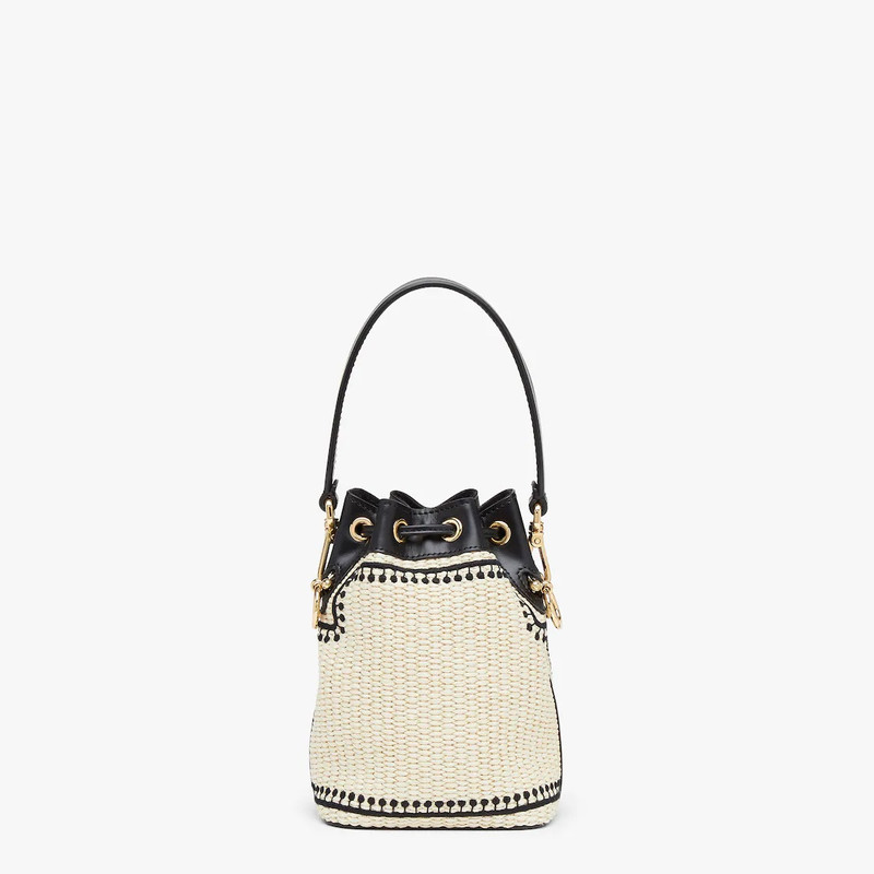 Small Mon Tresor bucket bag made of natural-colored woven straw with a moss-stitch effect, with blac 3