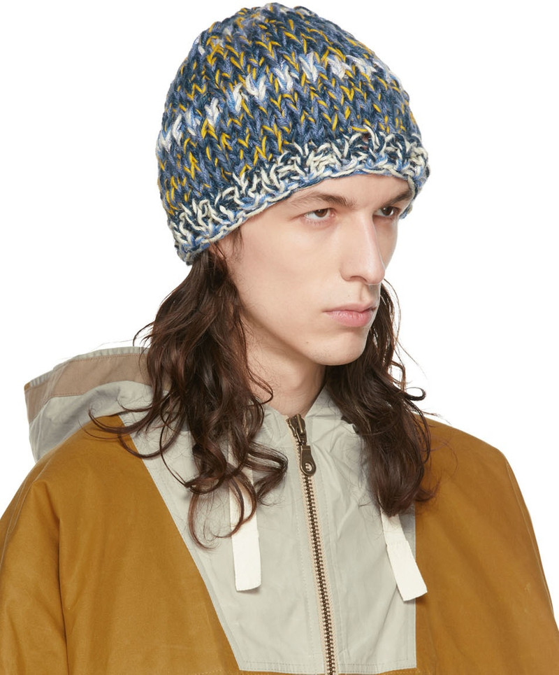 NICHOLAS DALEY Blue & Yellow Hand-Knit Beanie outlook
