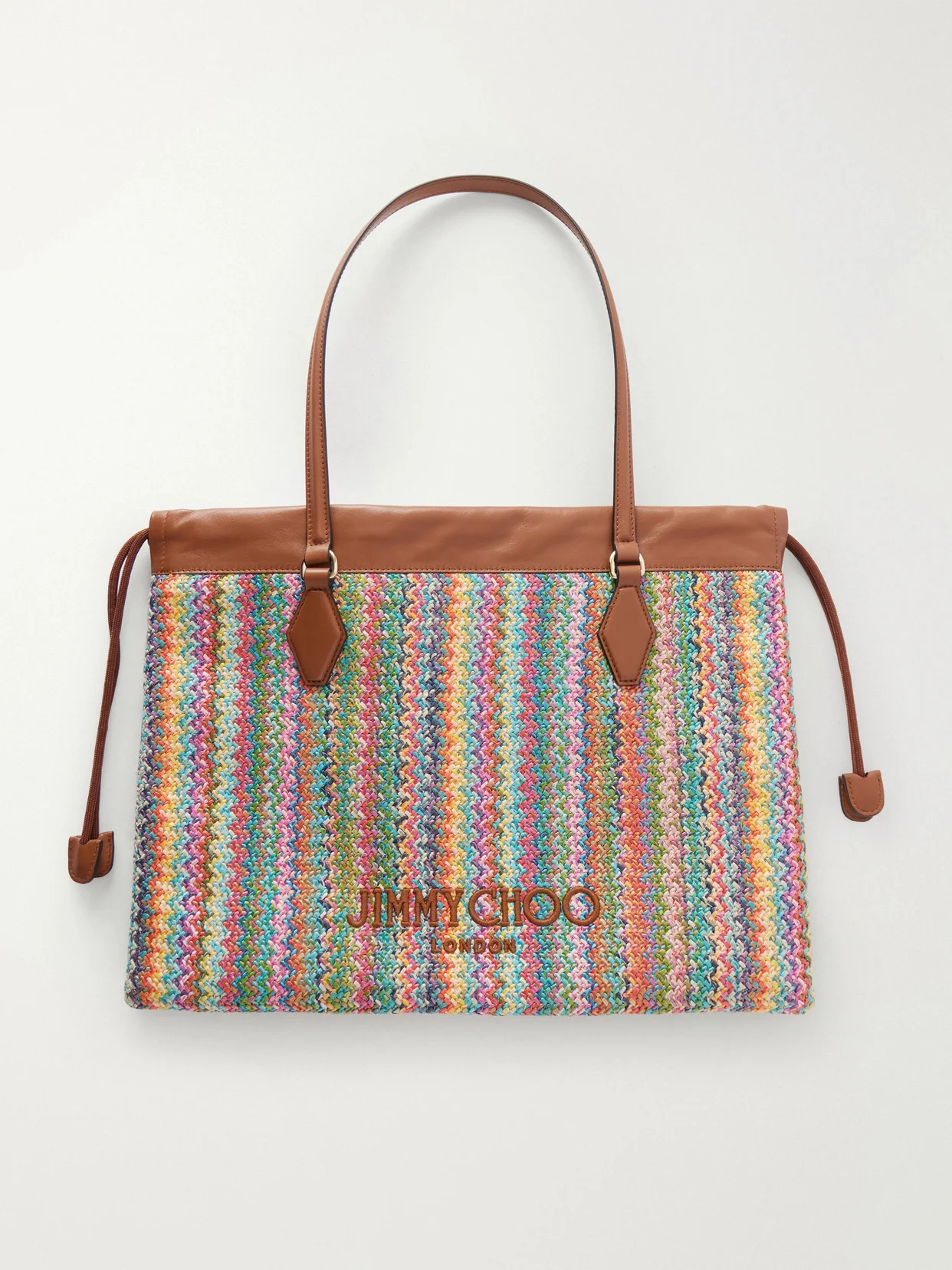 Leather-trimmed Striped Raffia Tote Bag - 1