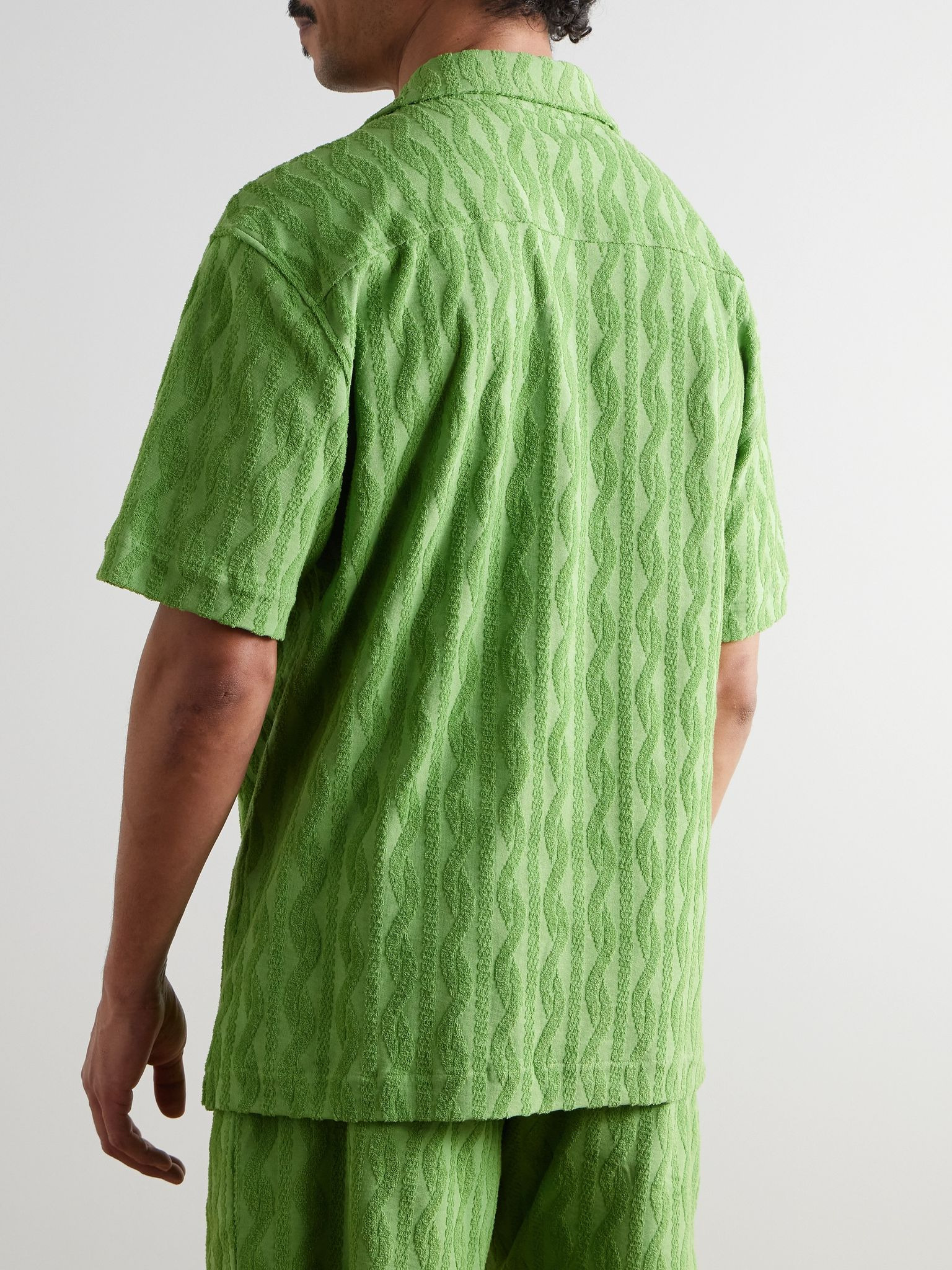 Roberto Cotton, Lyocell and Linen-Blend Terry-Jacquard Shirt Green - 3