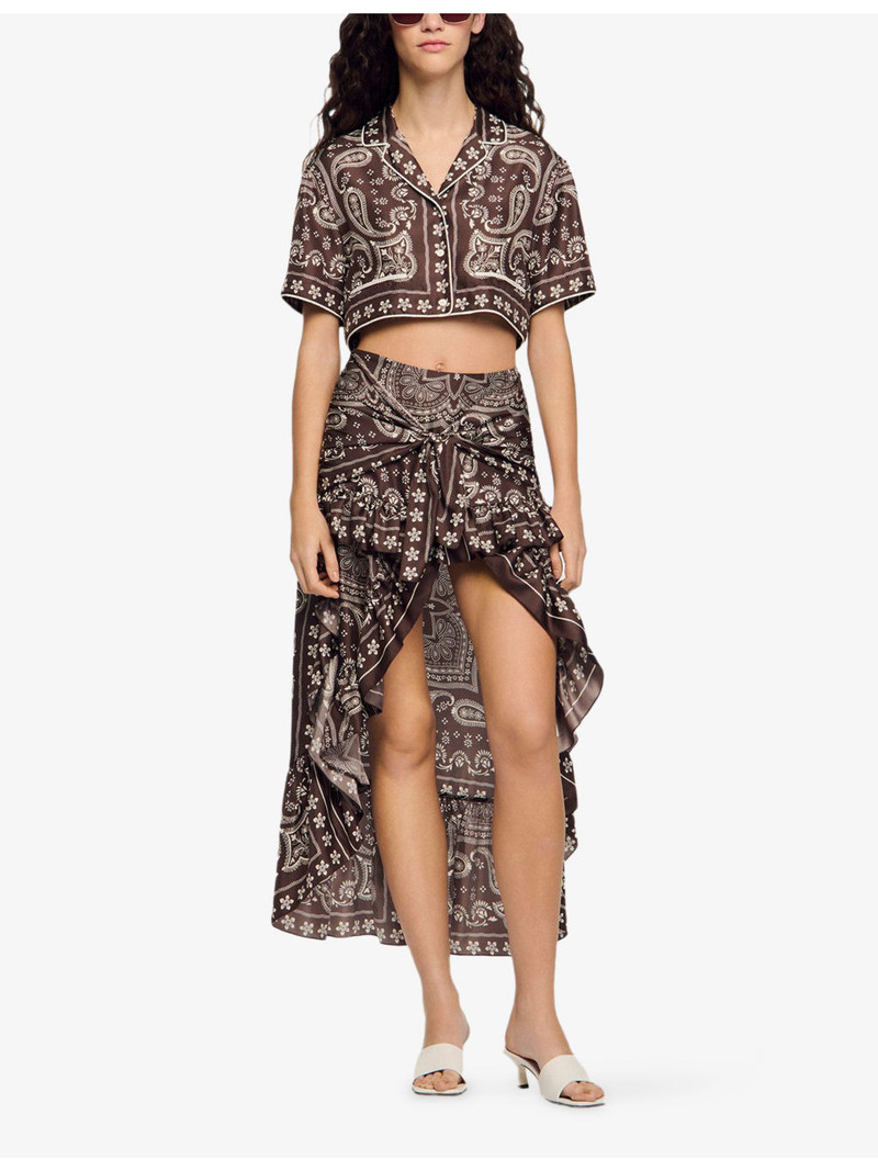 Sandro Bandana-Print Ruffled Satin Mini Skirt outlook