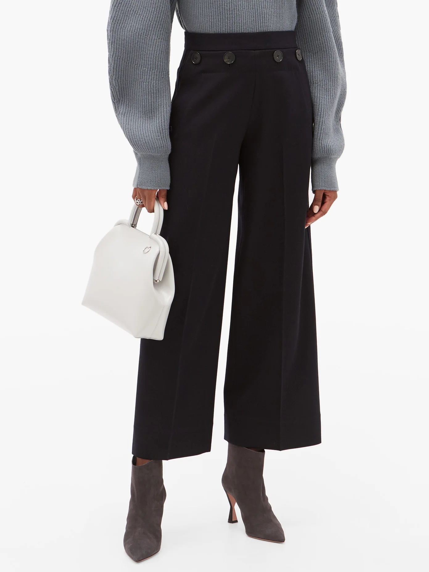 Wide-leg button-panel wool trousers - 6