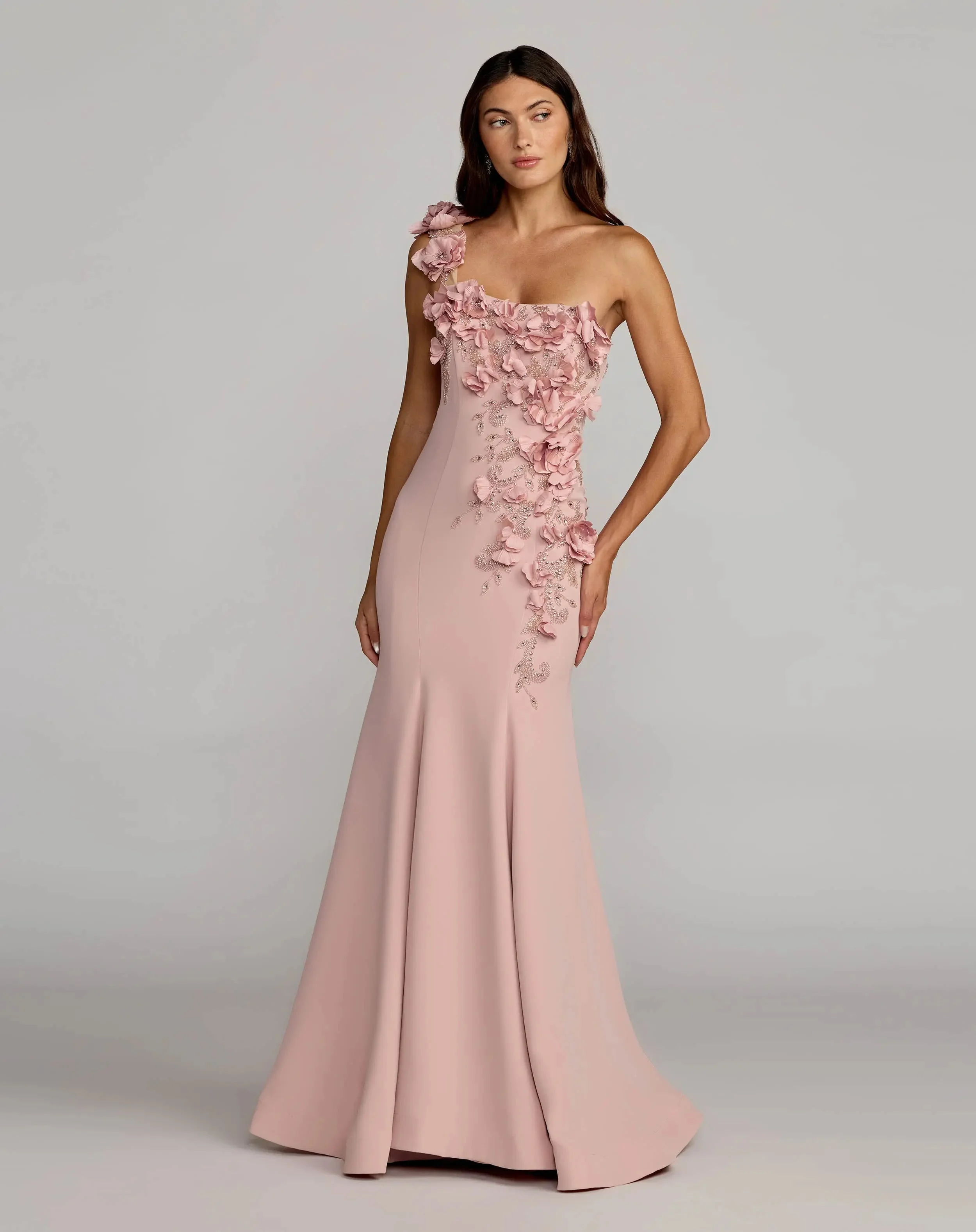 Pink One Shoulder Floral Embellished Mermaid Gown - 1