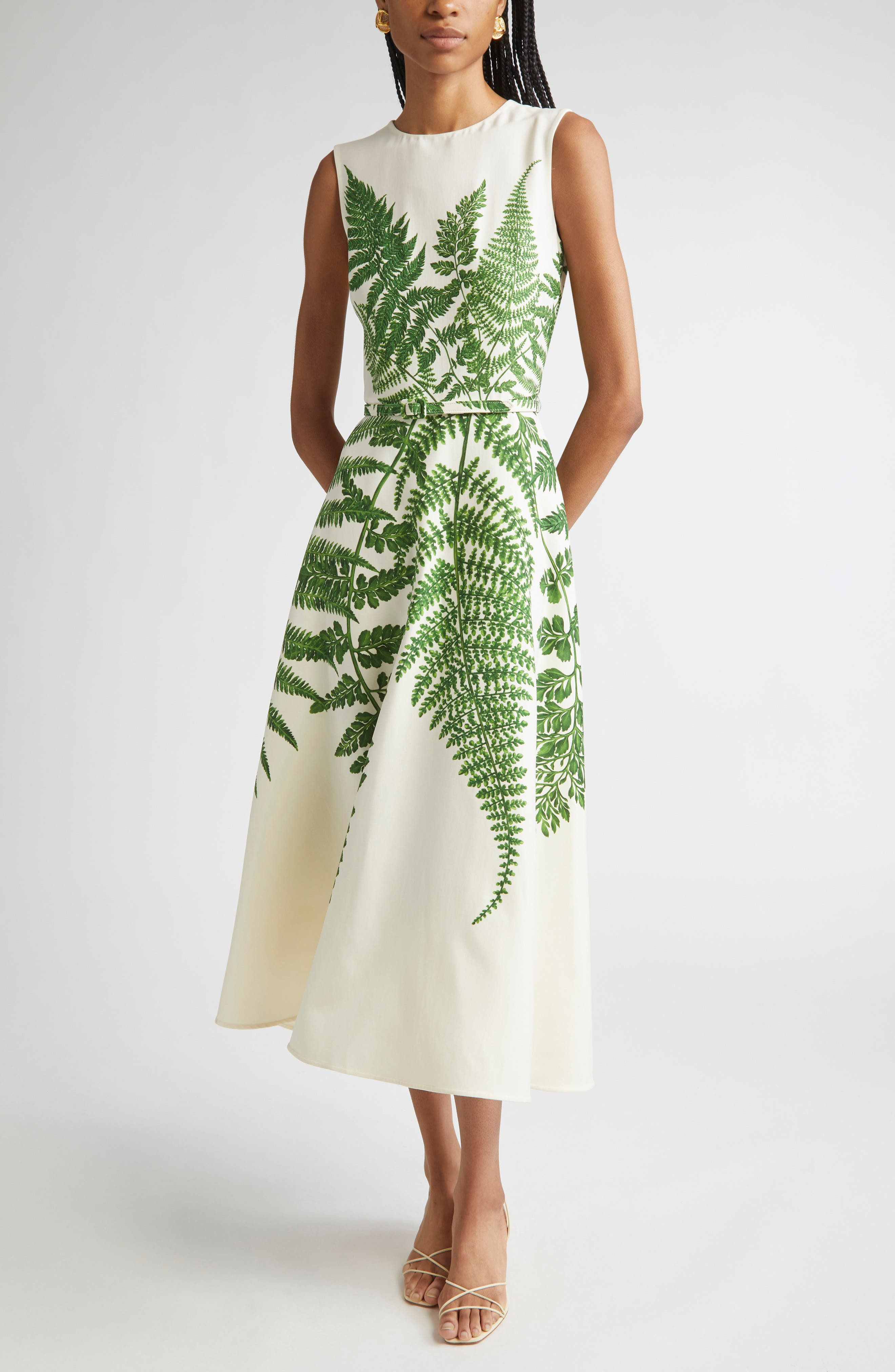 Oscar de la Renta Placed Fern Print Wool Blend A-Line Dress in Green/Ivory at Nordstrom - 1