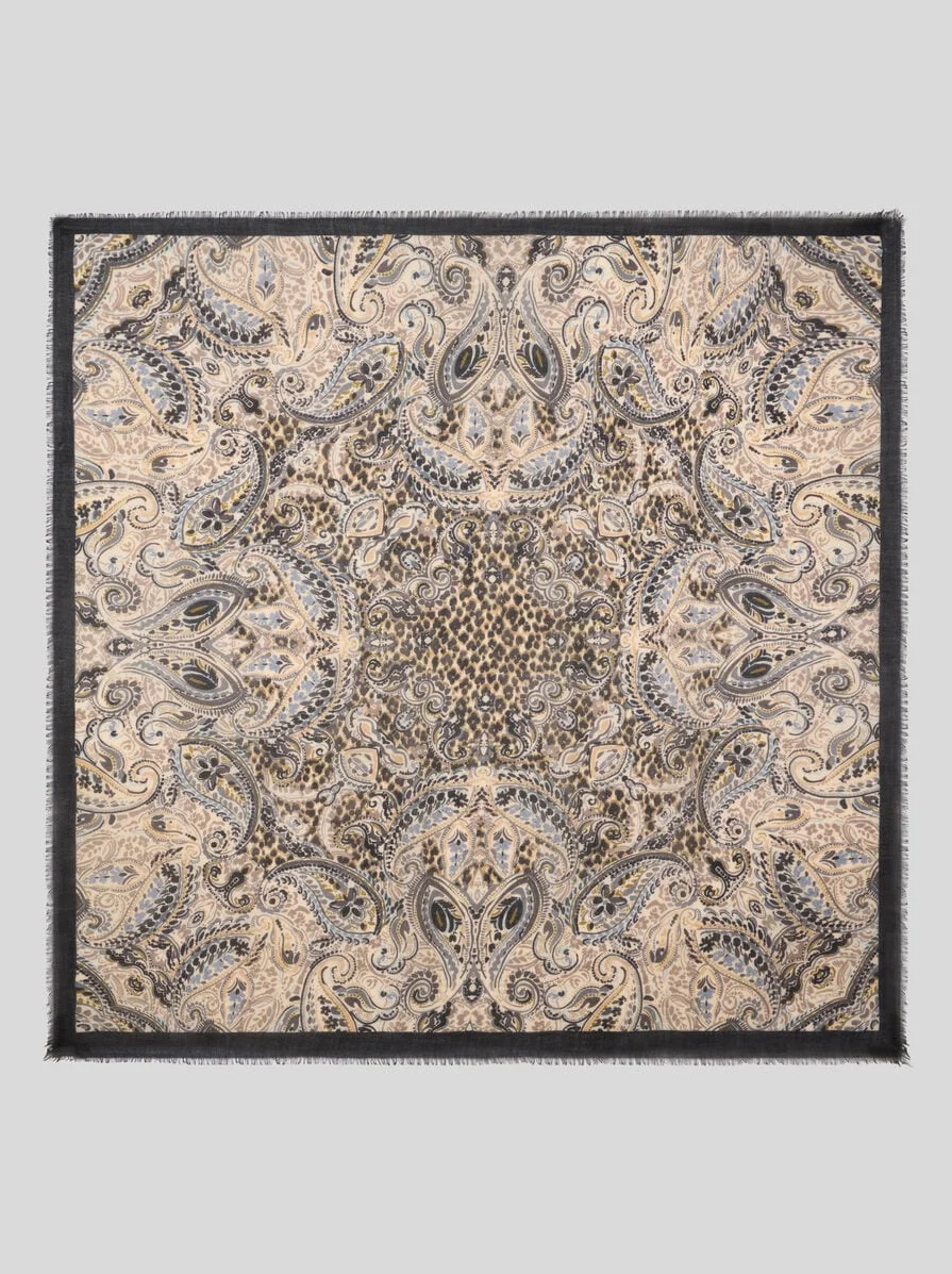 WOOL, CASHMERE AND SILK SHAWL WITH PAISLEY AND LEOPARD MOTIF - 1