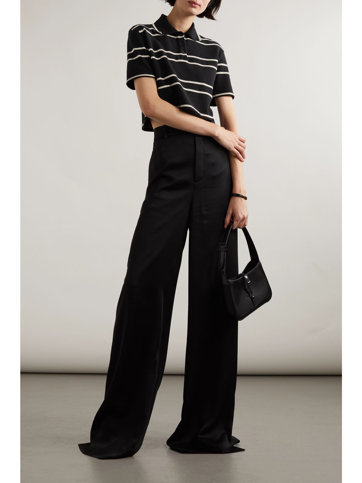 Striped cropped cotton-piqué polo shirt Black - 2