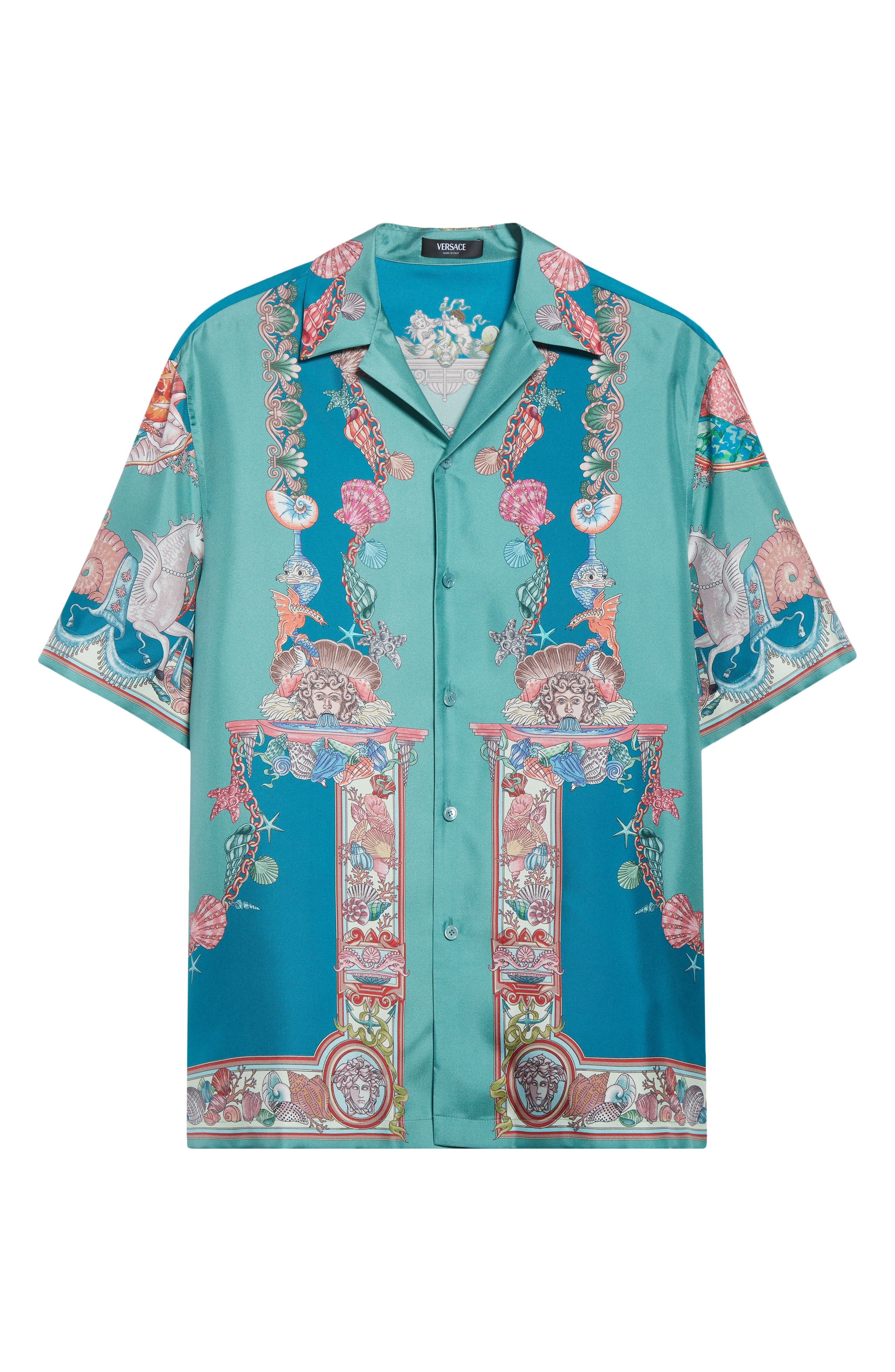 Versace Coral Theater Silk Twill Camp Shirt in Sea Green Dark Sea Green at Nordstrom - 6