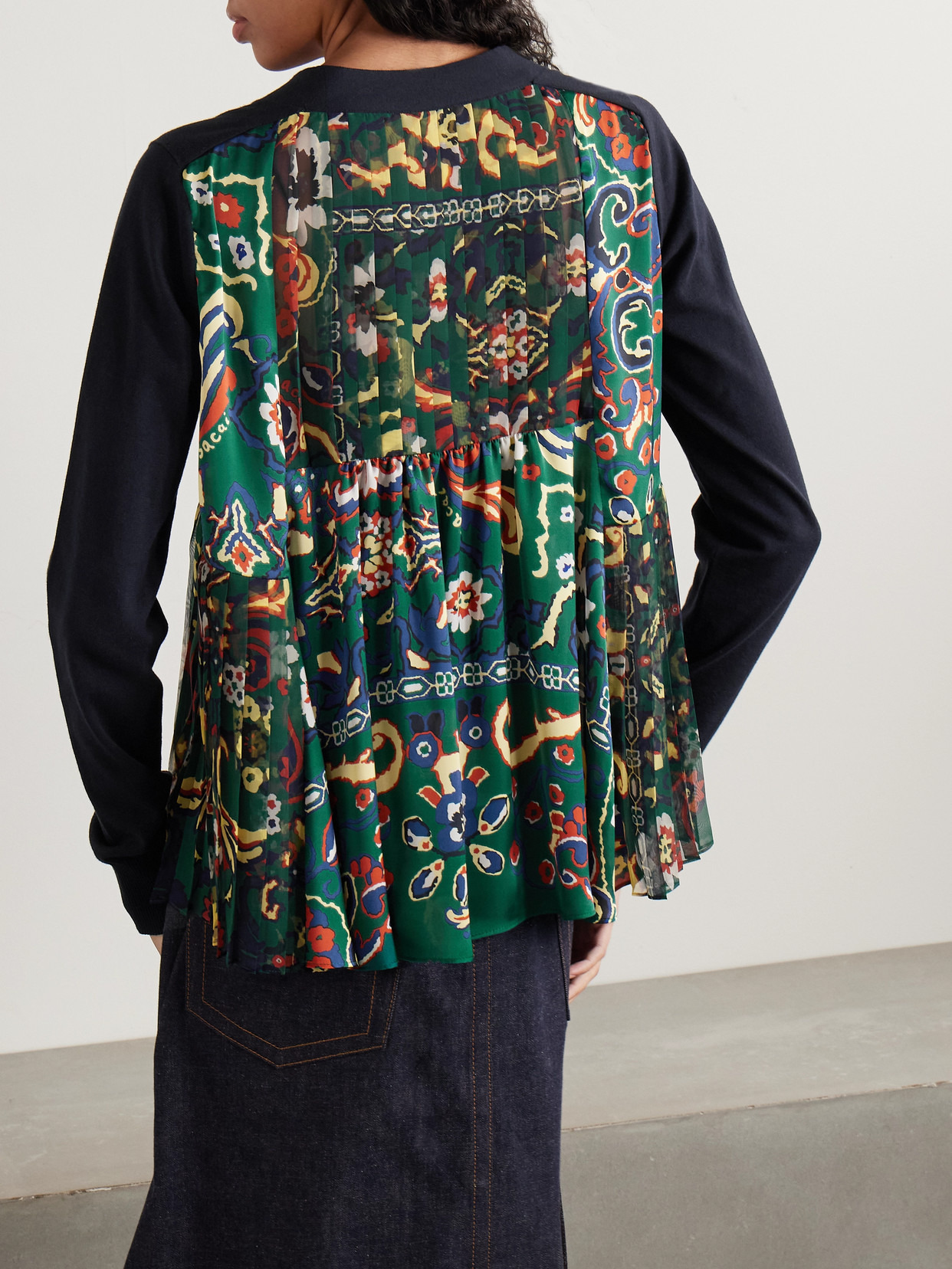Paneled Cotton, Printed Satin And Pleated Chiffon Cardigan - 3