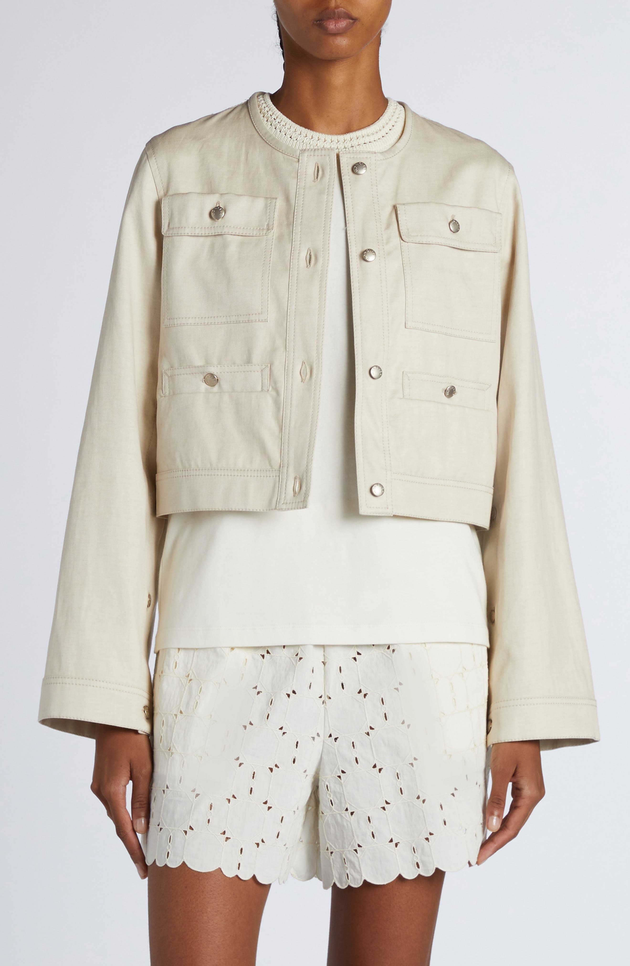 Moncler Chatel Button Sleeve Crop Jacket in White at Nordstrom - 1