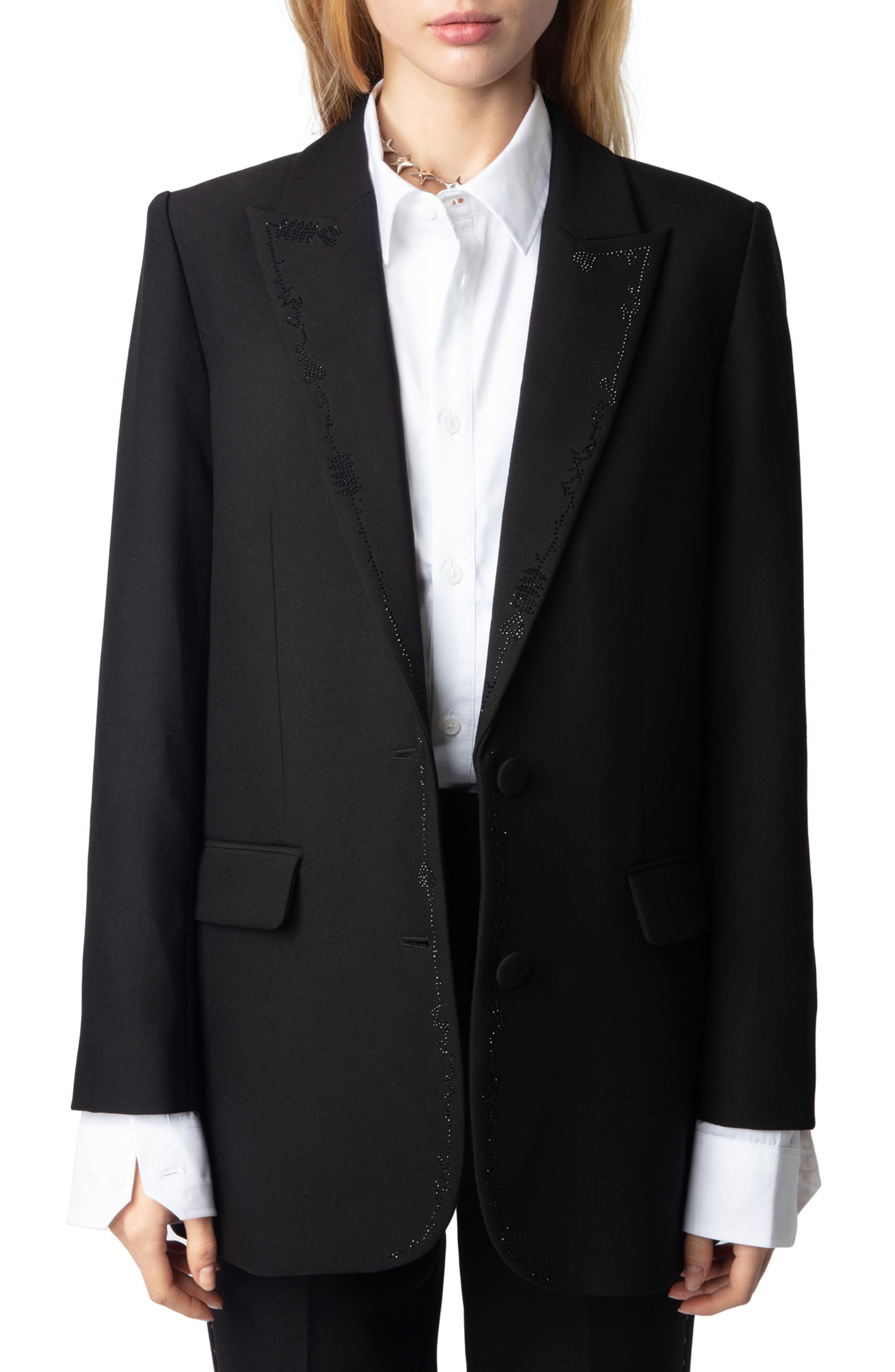 Zadig & Voltaire Viva Crystal Embellished Single Breasted Stretch Crepe Blazer in Black at Nordstrom - 1