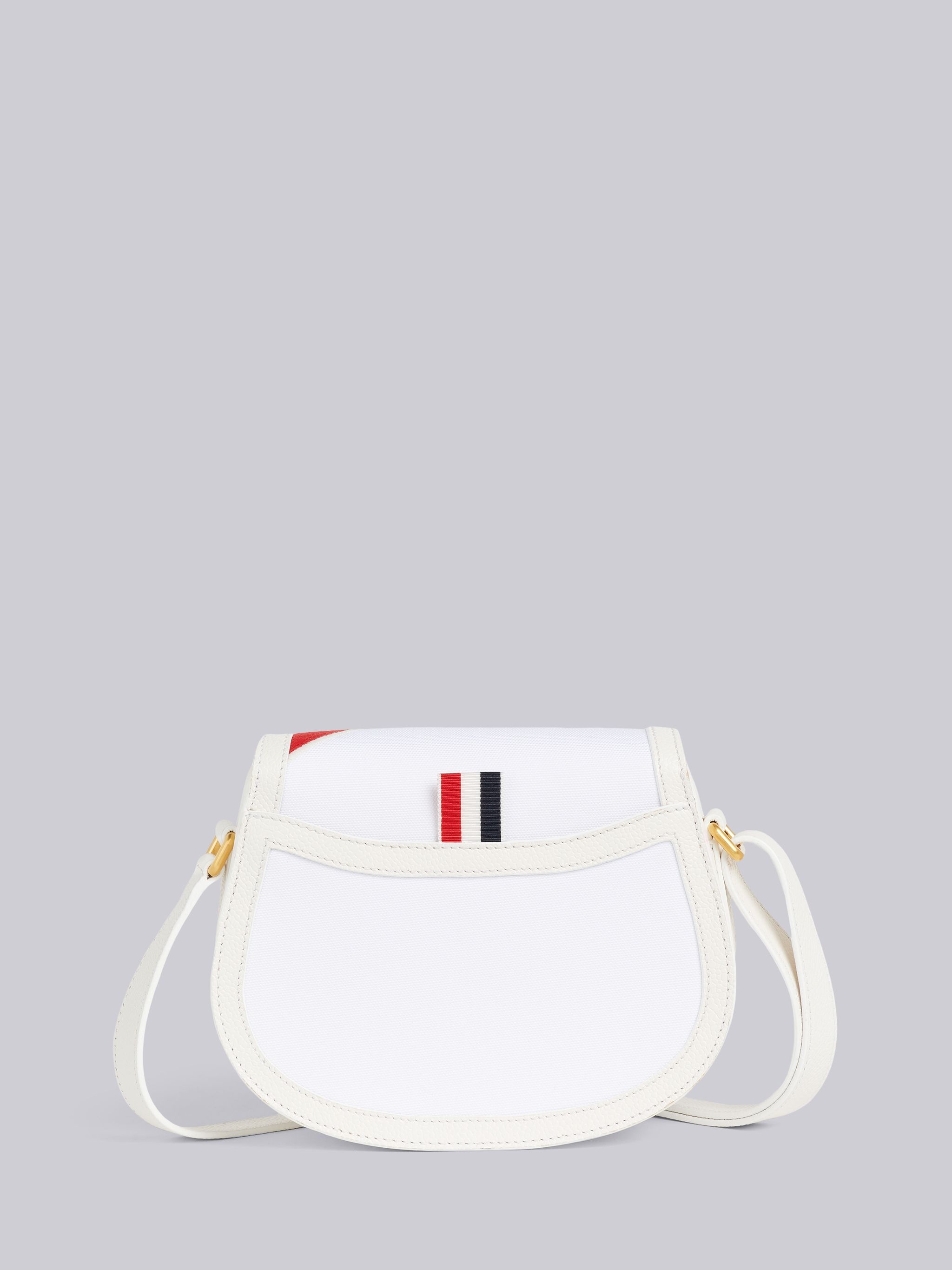 White Cotton Canvas Calfskin Leather Embroidered Diagonal Stripe Small Shoulder Saddle Bag - 4
