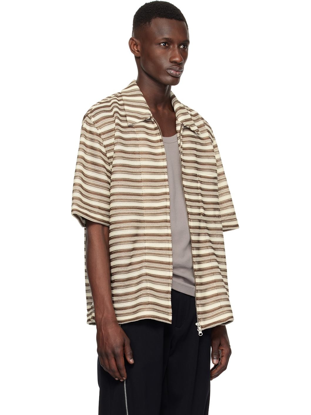 Brown & Off-White Zip Up Box Shirt - 2