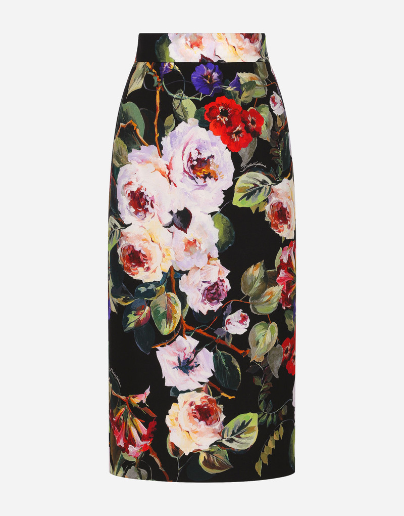 Charmeuse calf-length skirt with rose garden print 1
