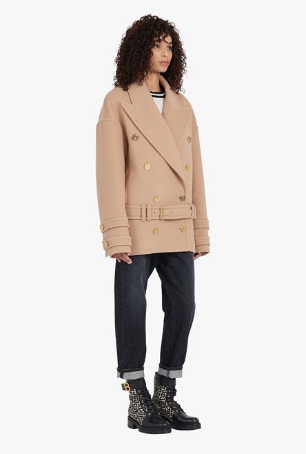 Camel wool and cashmere pea coat with double-breasted gold-tone buttoned fastening - 6