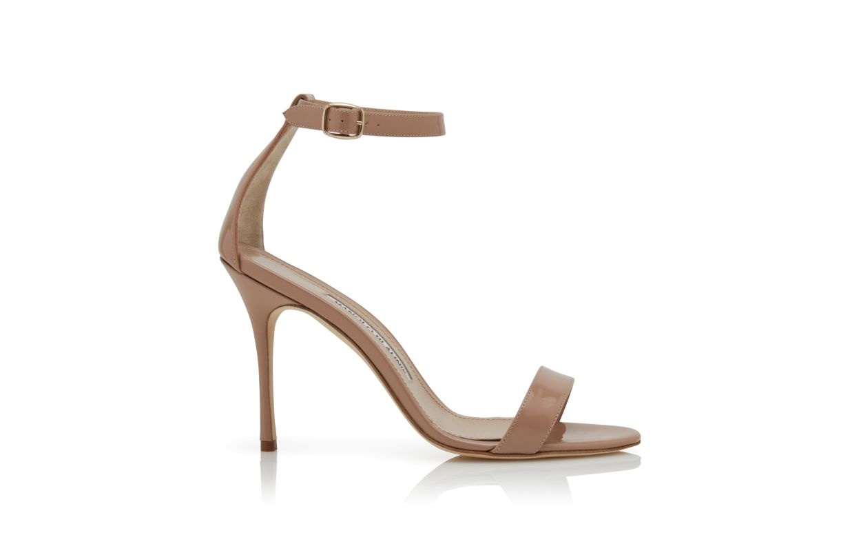 Beige Patent Leather Ankle Strap Sandals - 1