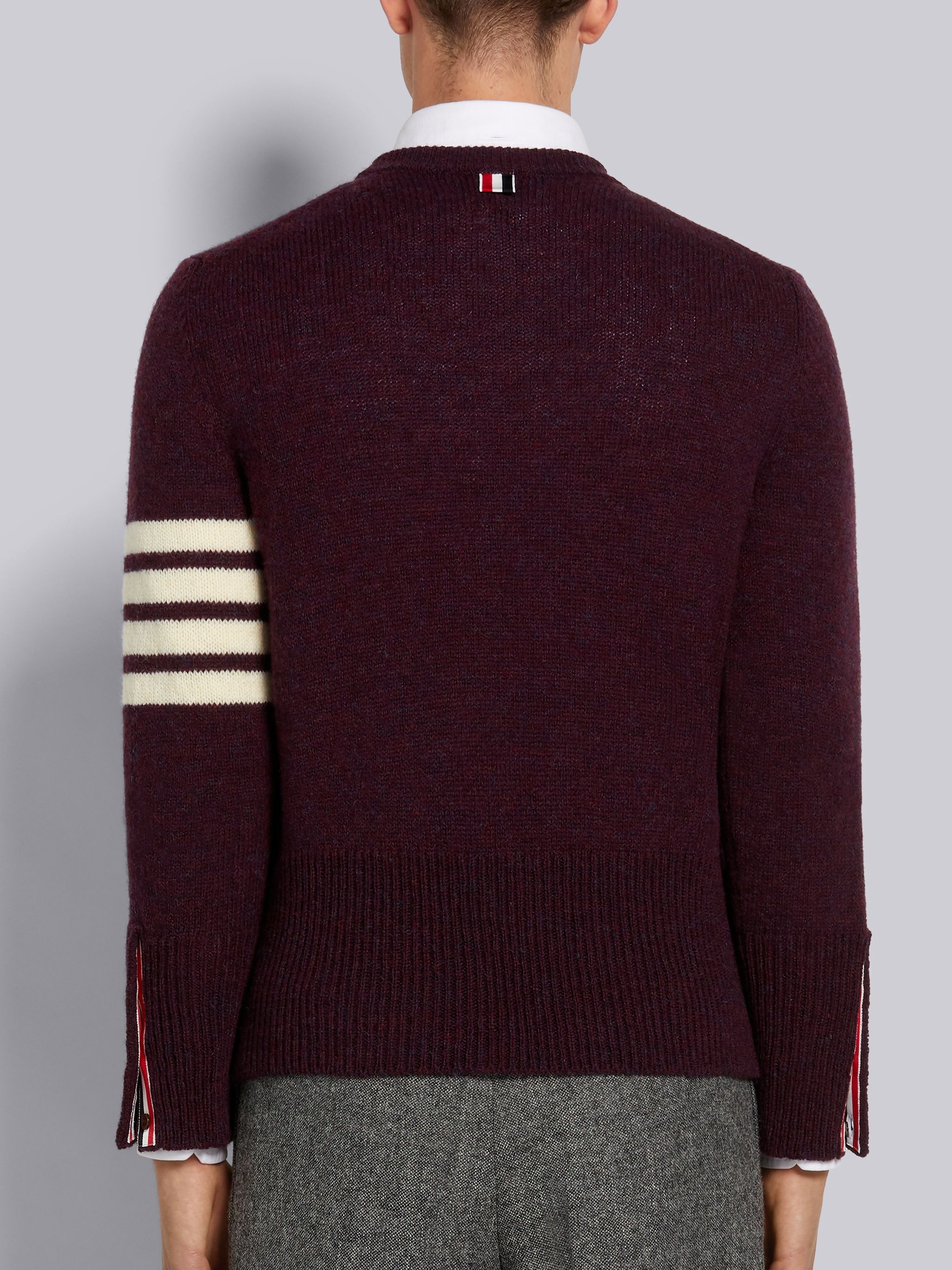 Dark Red Shetland Wool Jersey Stitch 4-Bar Stripe Classic Crew Neck Pullover - 3