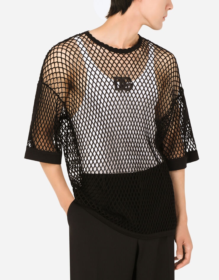 Round-neck wool mesh-stitch top with DG patch - 4