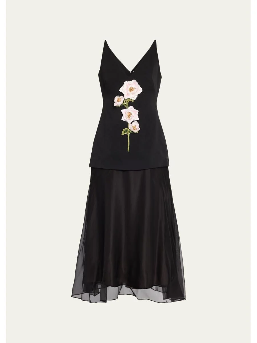 3D Peony Embroidered Faille V-Neck Cocktail Dress - 1