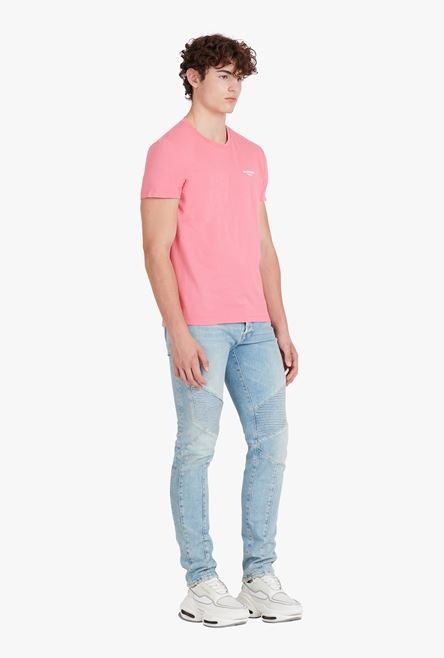 Taupe eco-designed cotton T-shirt with small flocked white Balmain Paris logo - 7