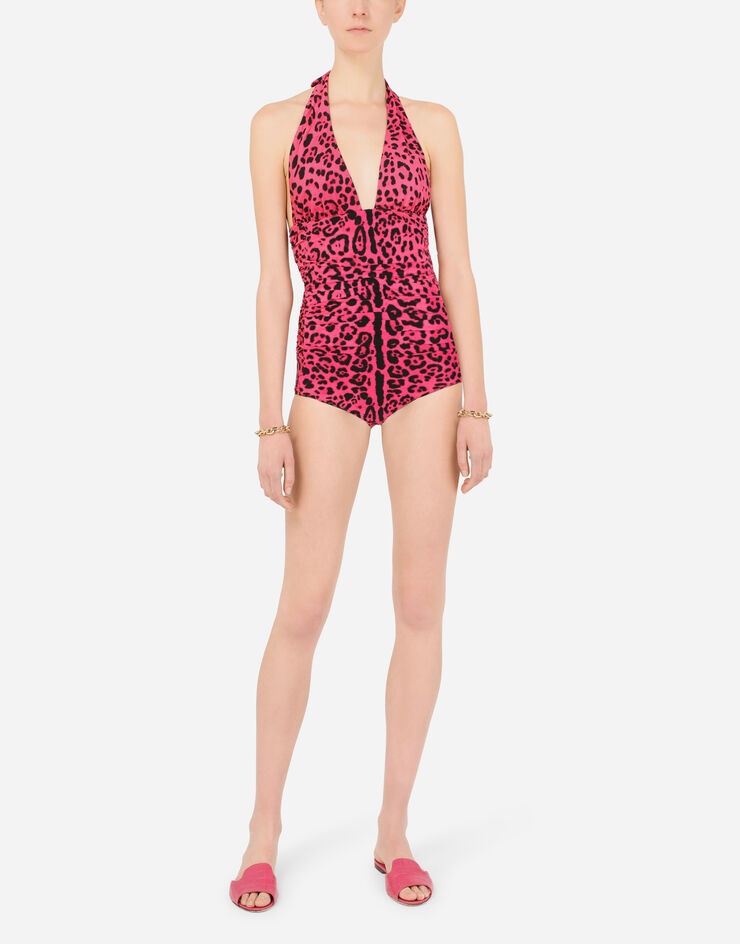 Neon leopard-print one-piece swimsuit with draping - 2