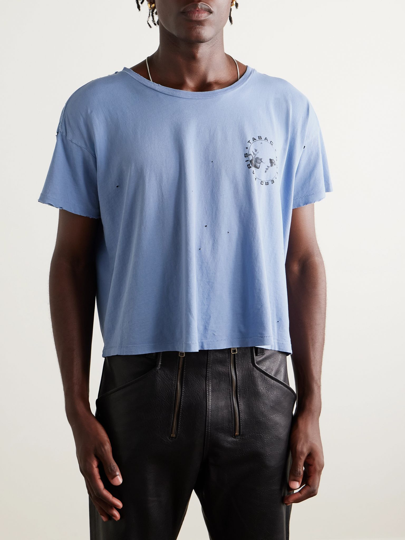 Cropped Distressed Logo-Print Garment-Dyed Cotton-Jersey T-Shirt Blue - 3