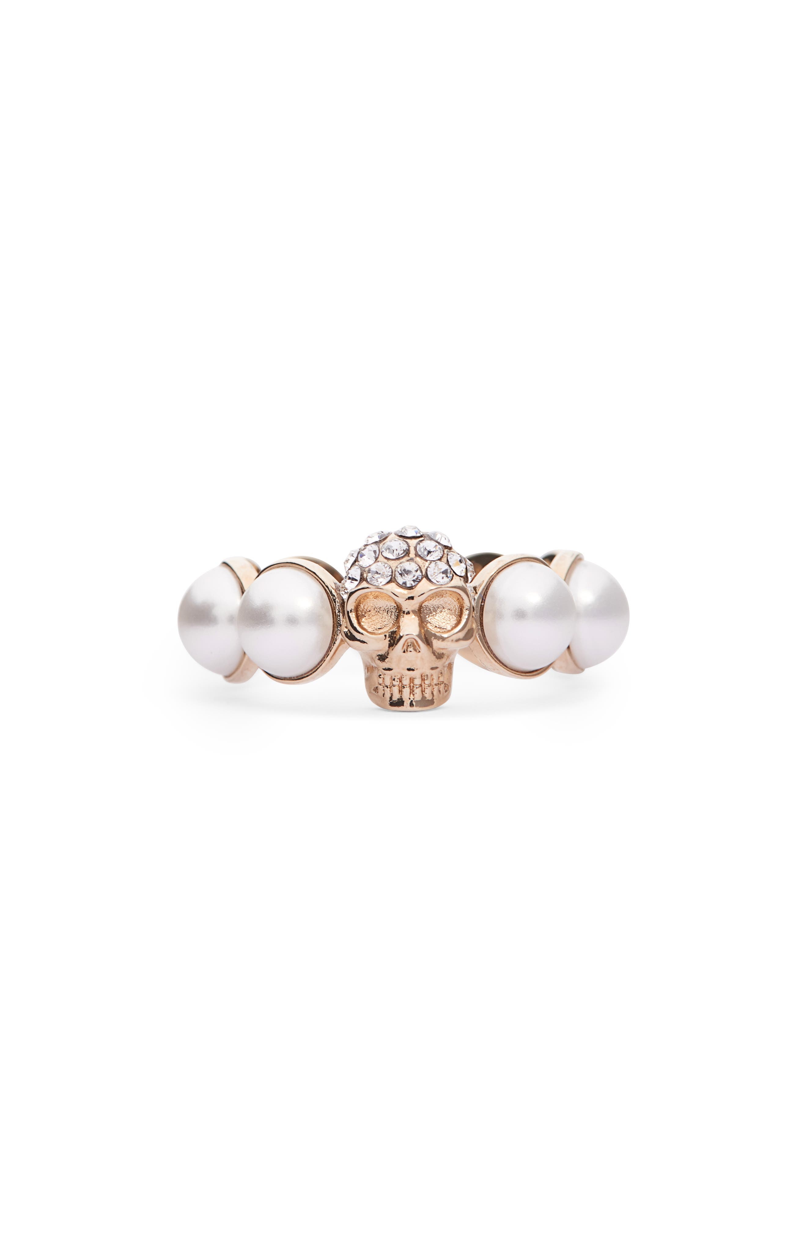 McQueen Crystal Skull & Faux Pearl Ring in Pearl/Sw at Nordstrom - 1