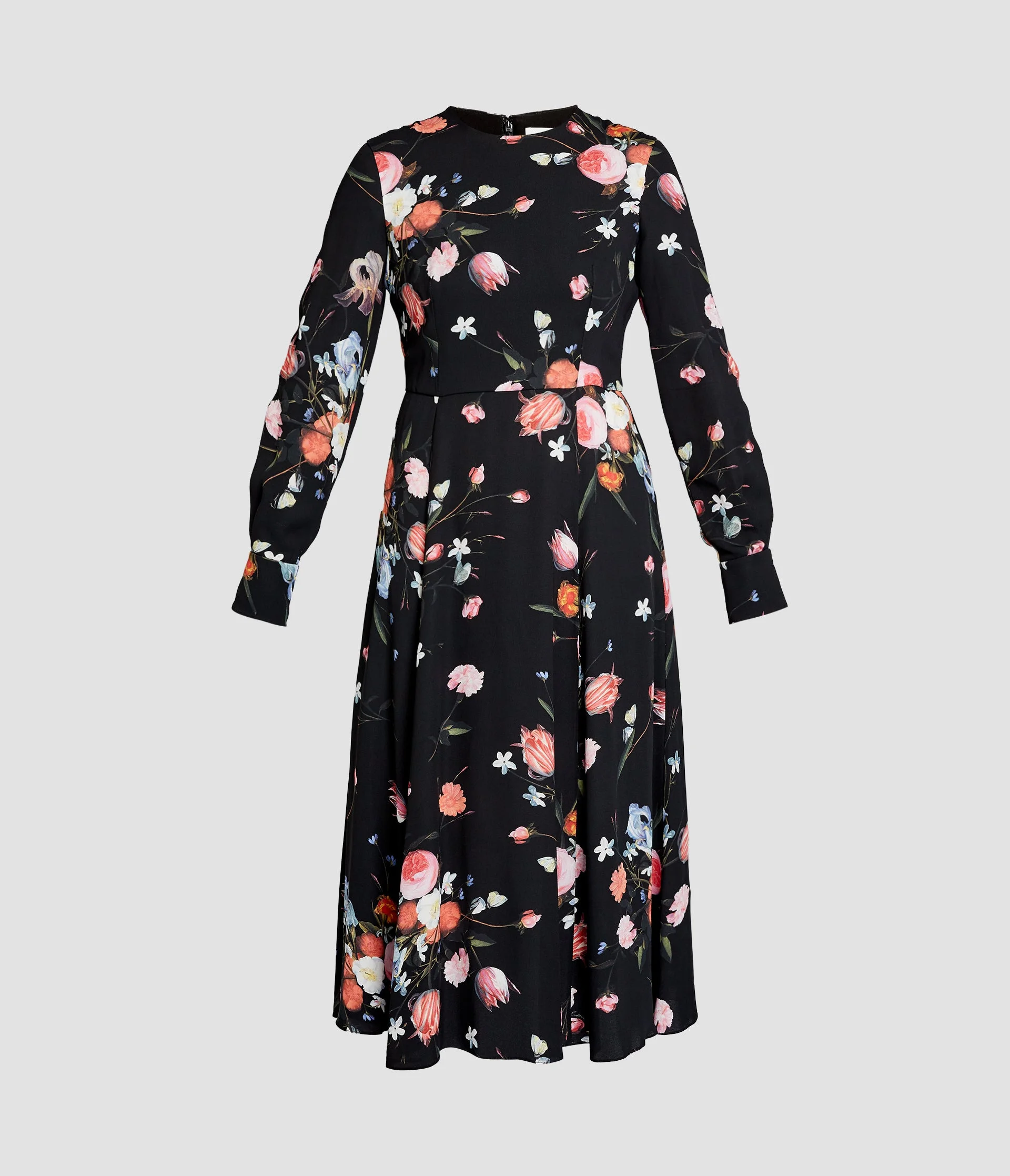 FLORAL PRINT CREPE LONG SLEEVE MIDI DRESS - 1