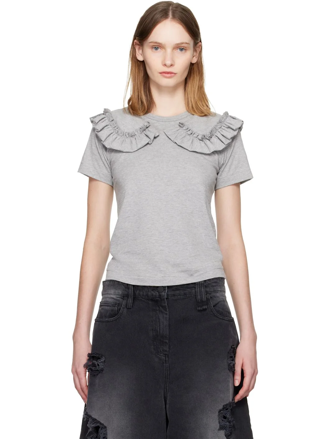 Gray Ruffled Collar T-shirt - 1