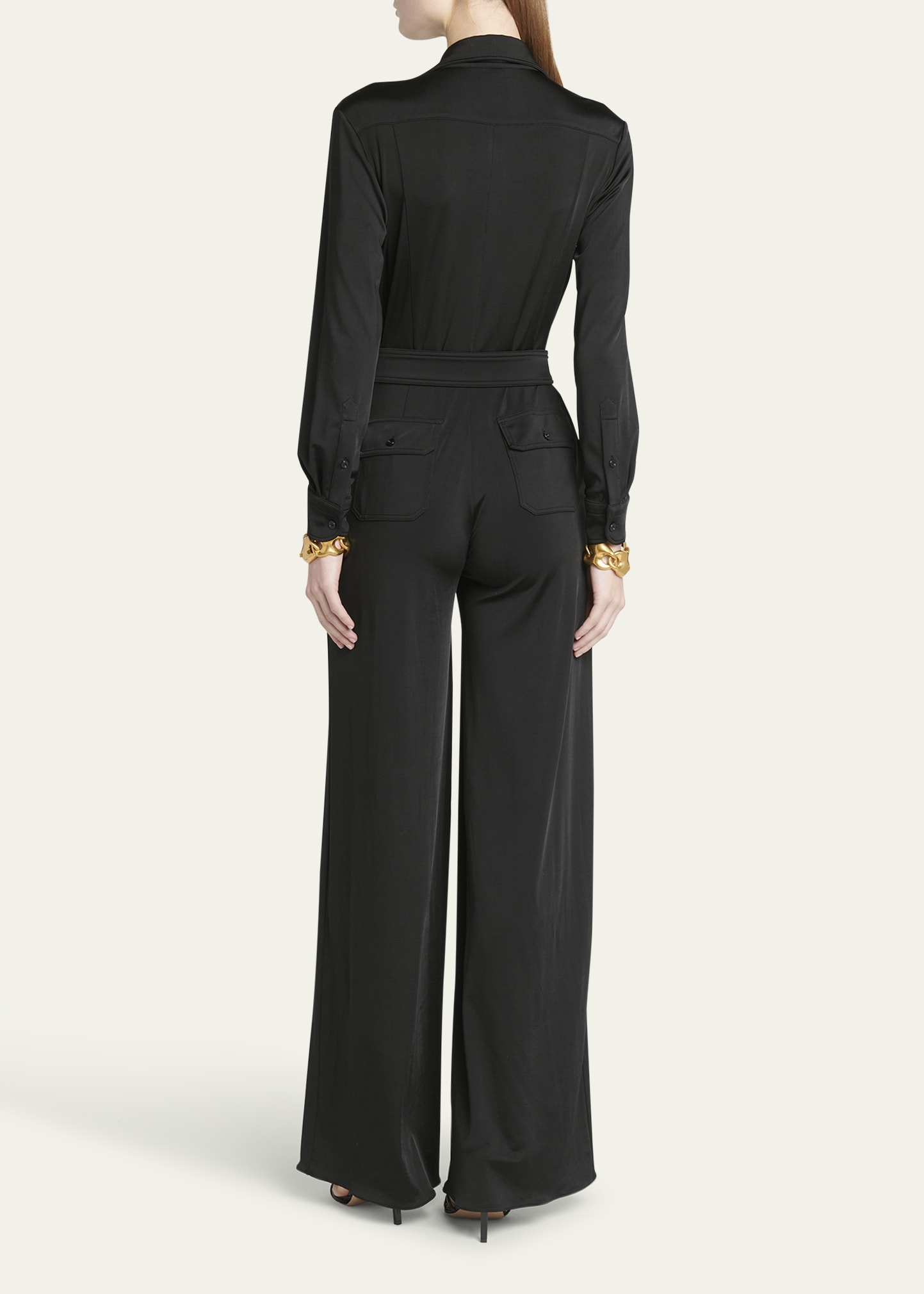 Self-Belt Satin Jersey Wide Leg Jumpsuit - 3