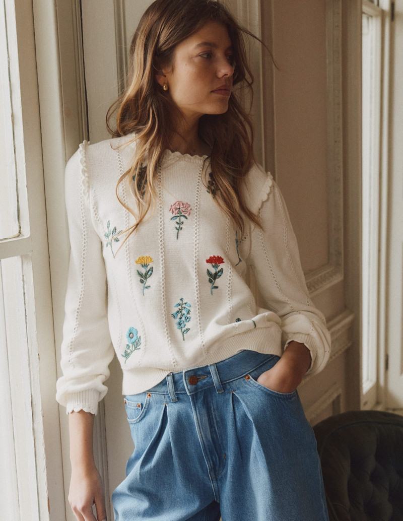 Valeria Crochet Trim Jumper-Warm Ivory , Embroidery 8