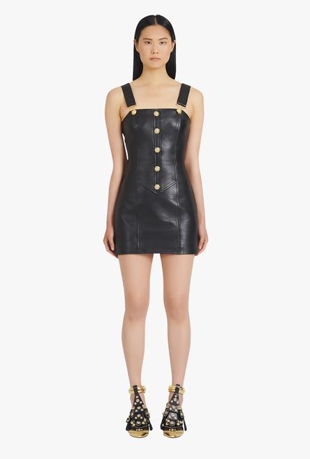 Short black leather overall dress - 4