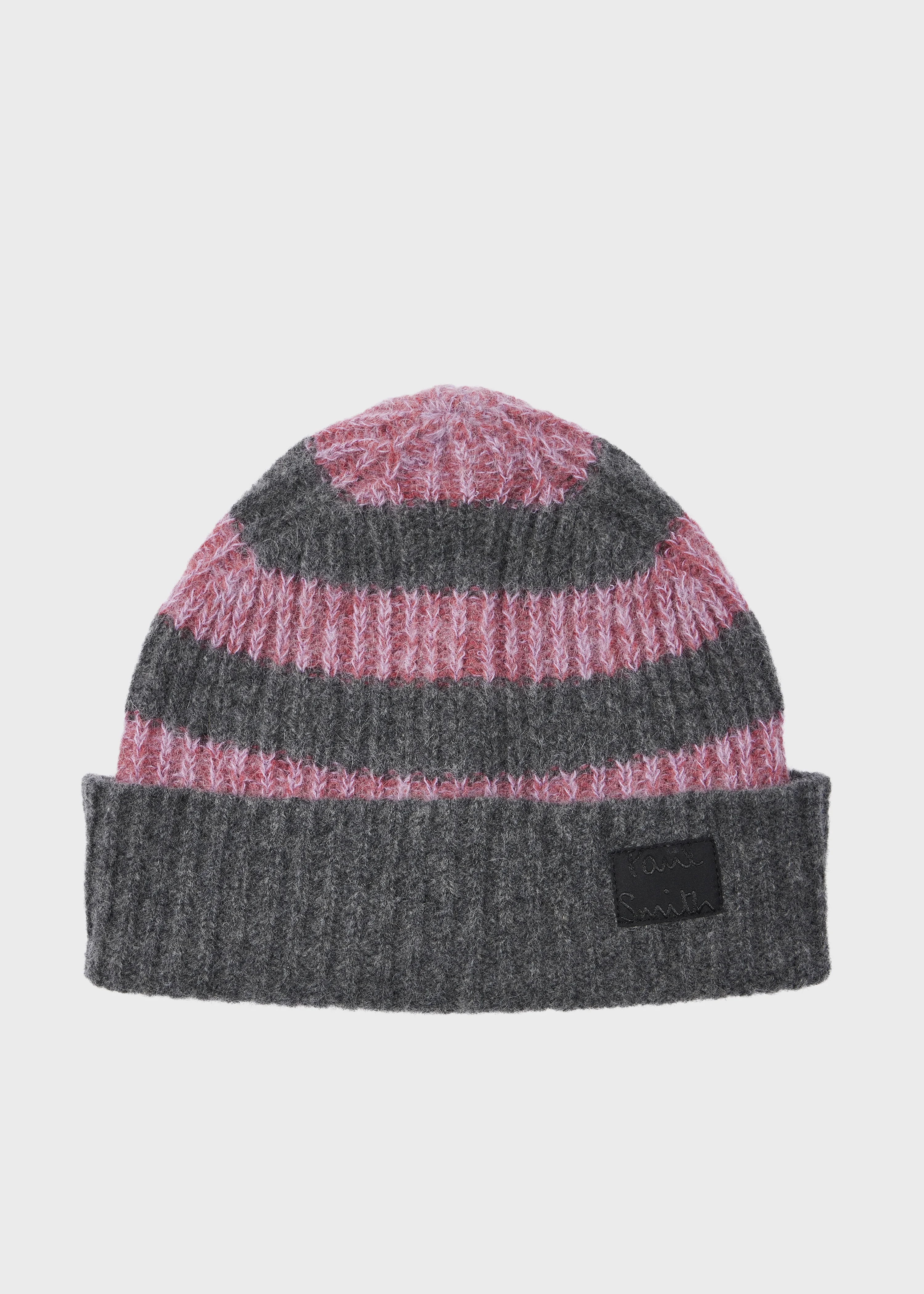 Women's Pink and Grey Lambswool-Blend Block Stripe Beanie - 1