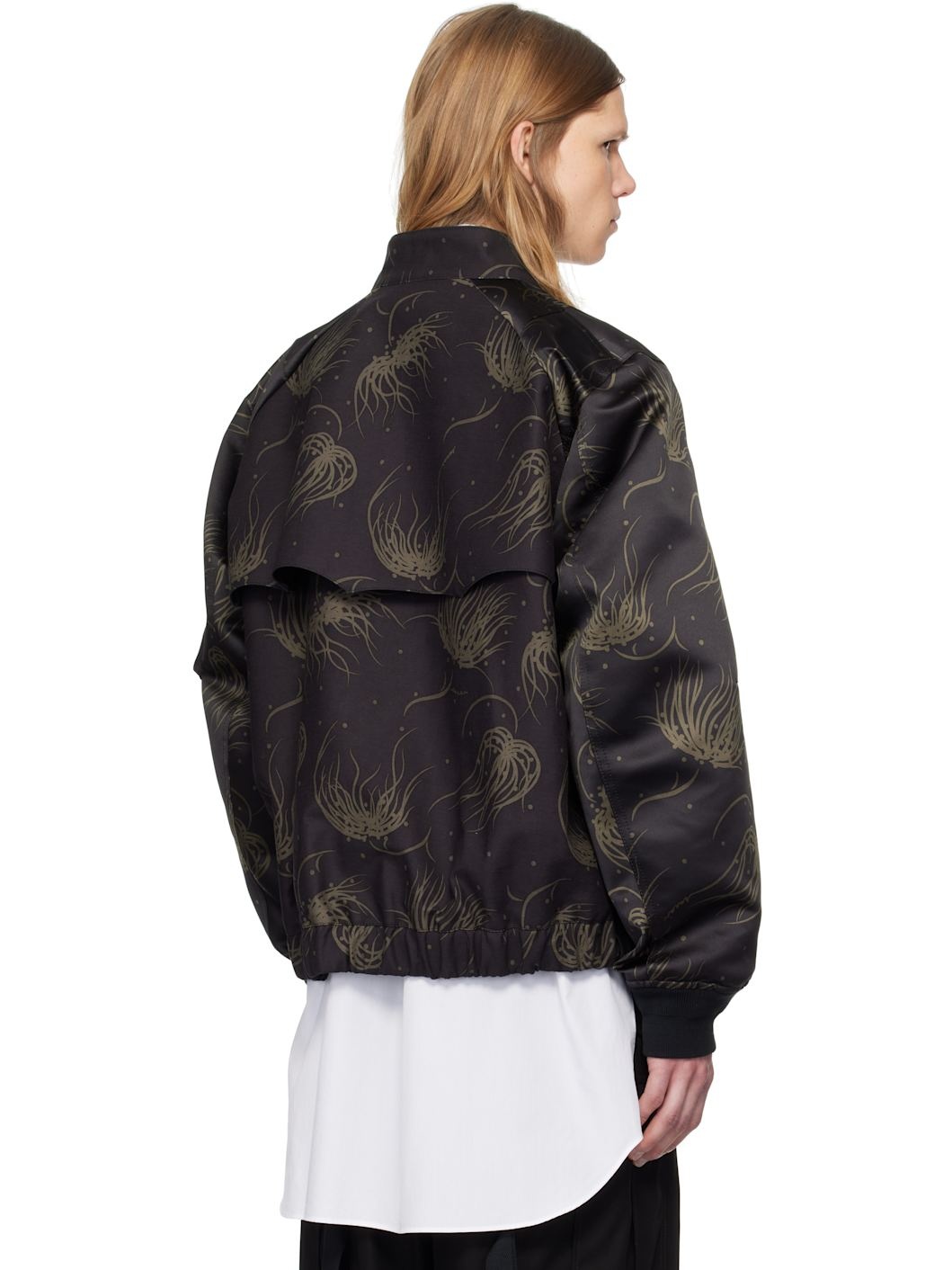 Black Dot Flower Print Bomber Jacket - 3