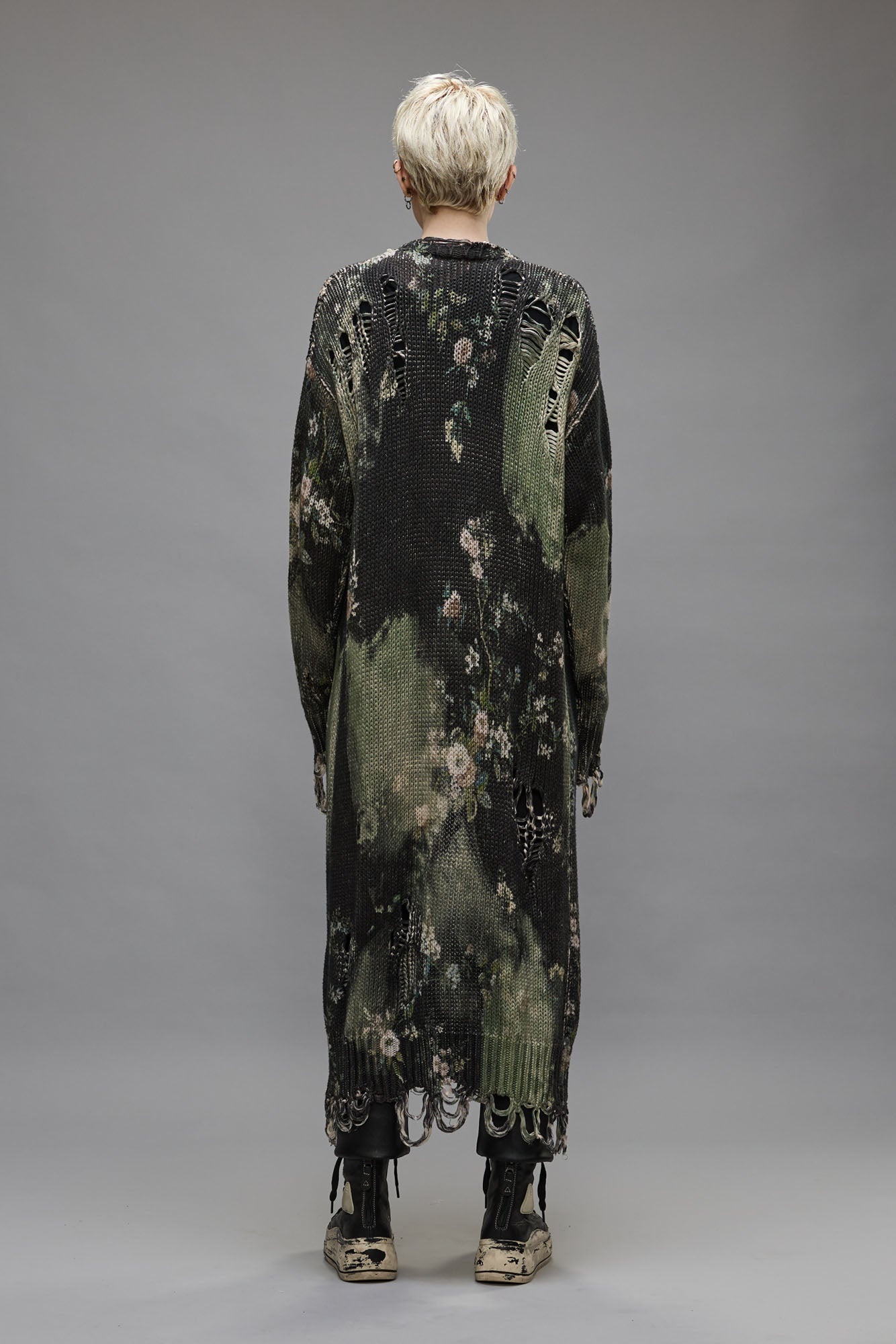 DISTRESSED LONG CARDIGAN - BLEACHED BLACK FLORAL - 4