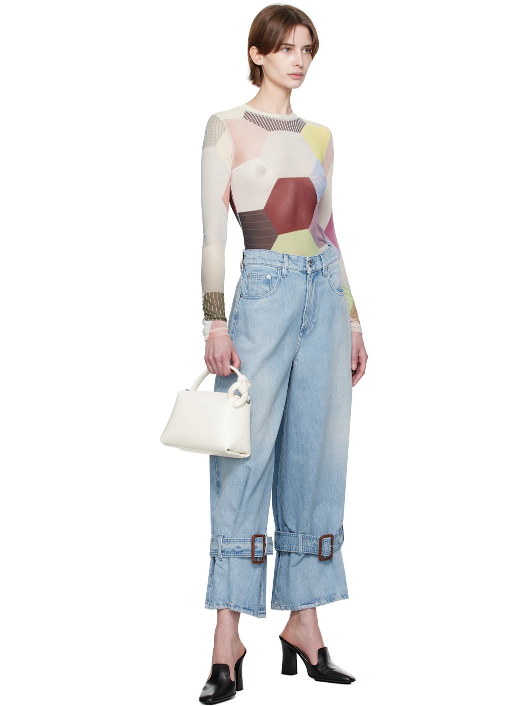 Multicolor Patchwork Print Sheer Long Sleeve T-shirt - 5