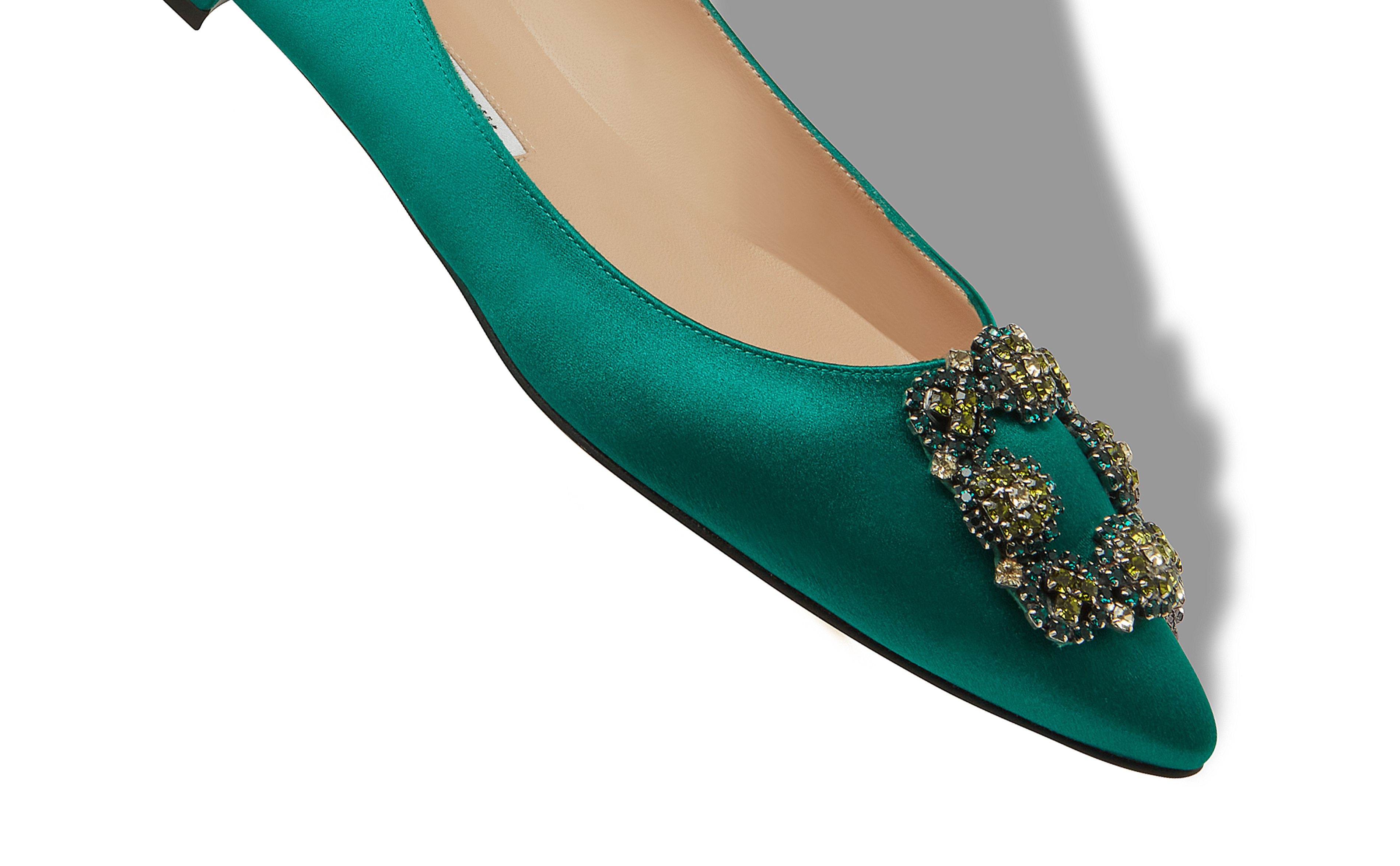 Green Satin Jewel Buckled Flats - 4