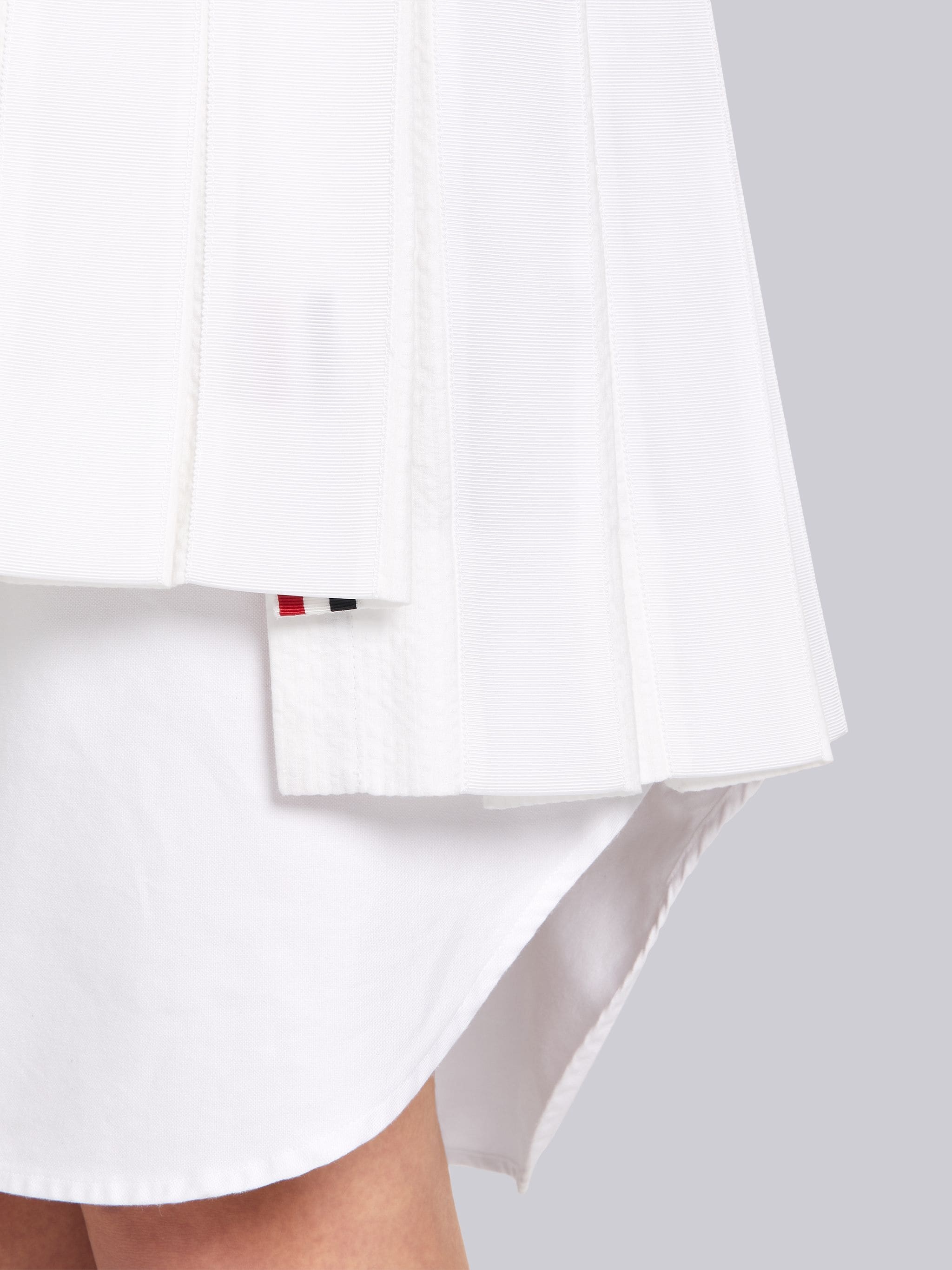 White Cotton Seersucker Grosgrain Combo Pleat Mini Pleated Skirt - 5