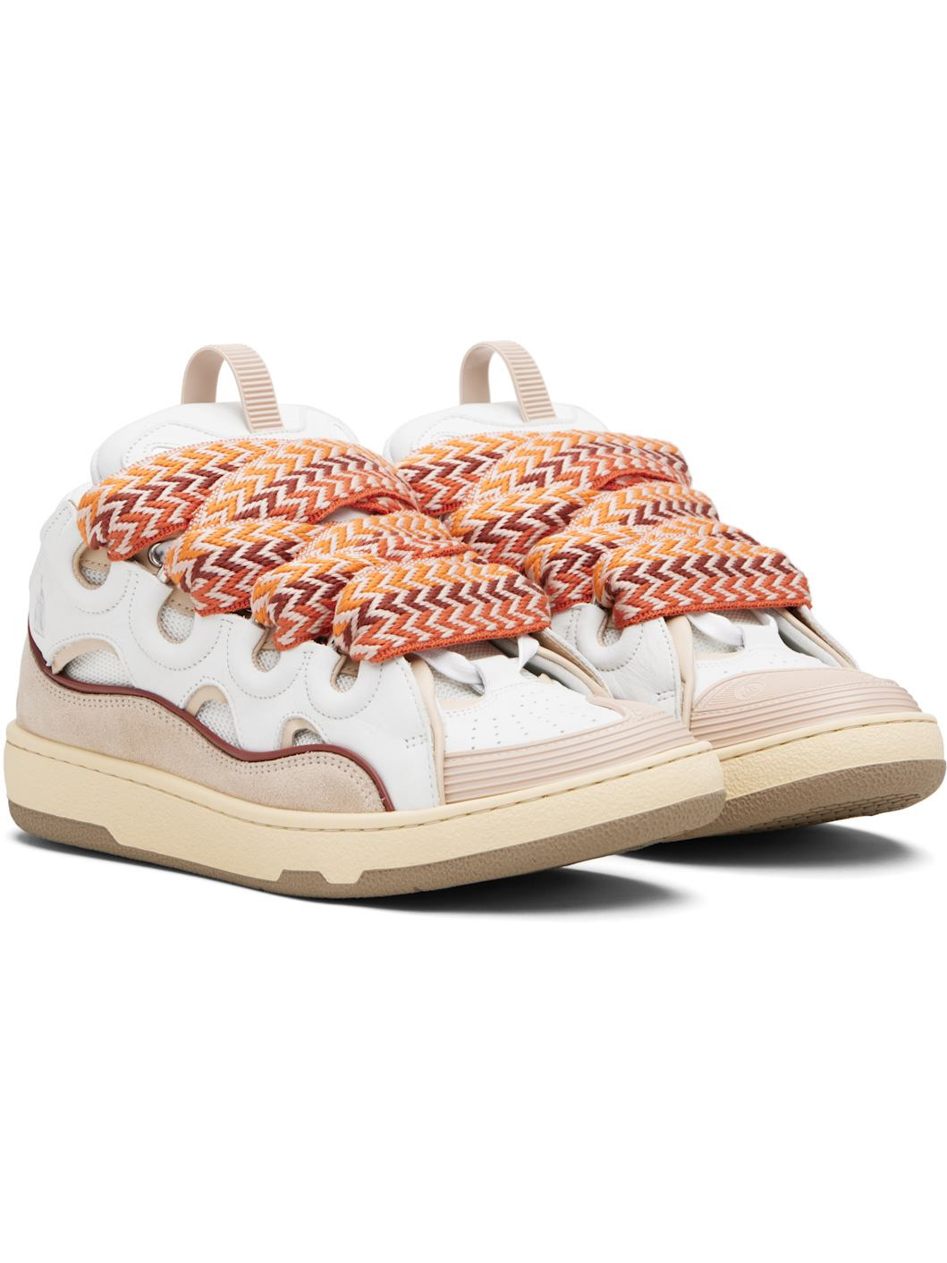White & Beige Curb Leather Sneakers - 4