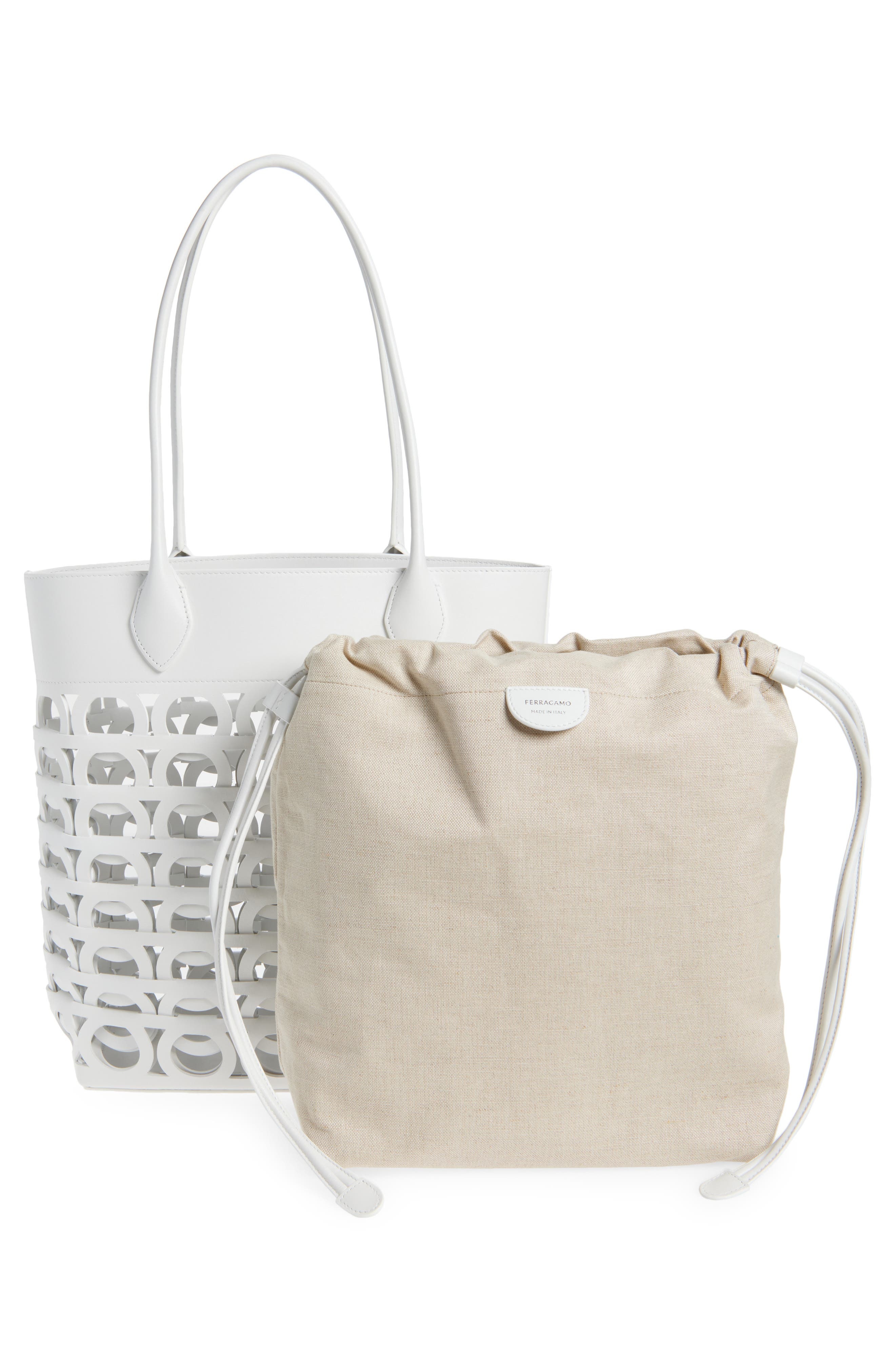 FERRAGAMO Medium Gancini Perforated Leather Tote in Optic-White/Naturale at Nordstrom - 4