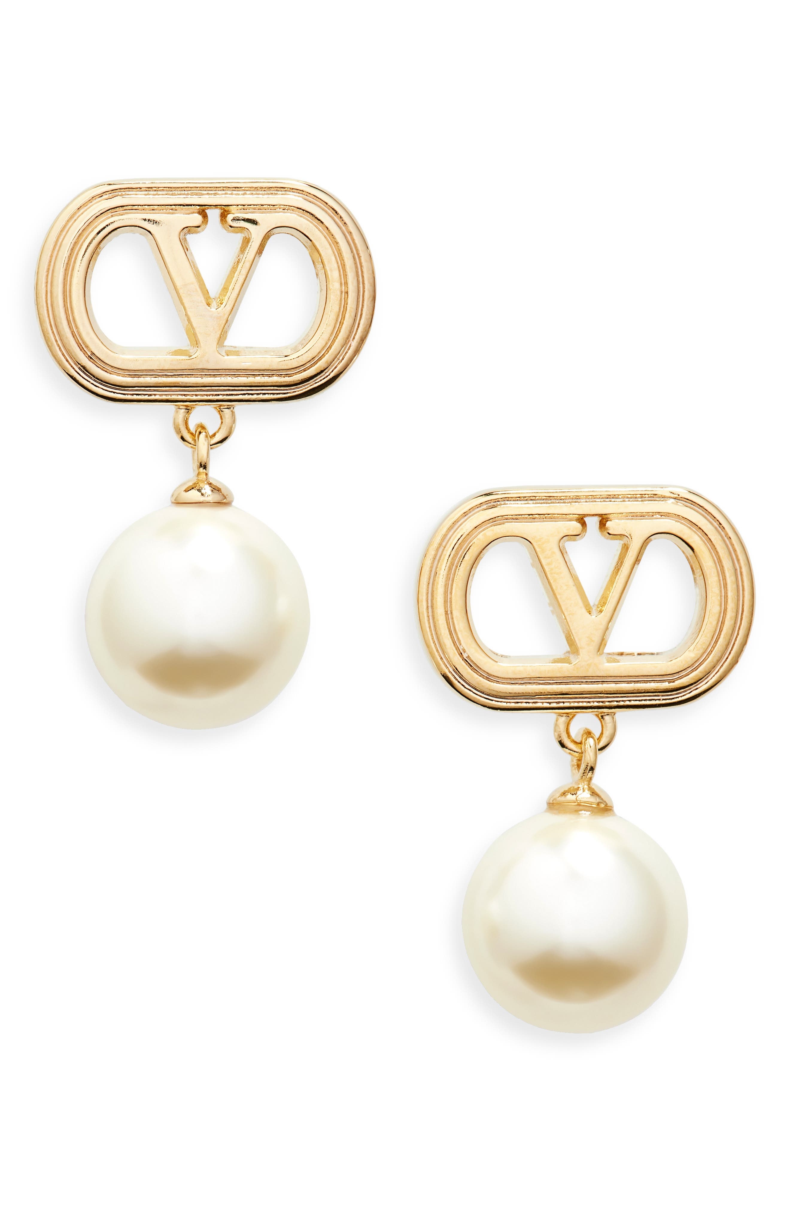 Valentino Garavani Ovalette VLOGO Swarovski® Faux Pearl Drop Earrings in Yellow Gold at Nordstrom - 1